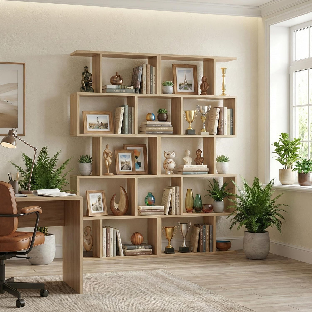 Office corner with a light oak geometric bookshelf next to a desk and window plants