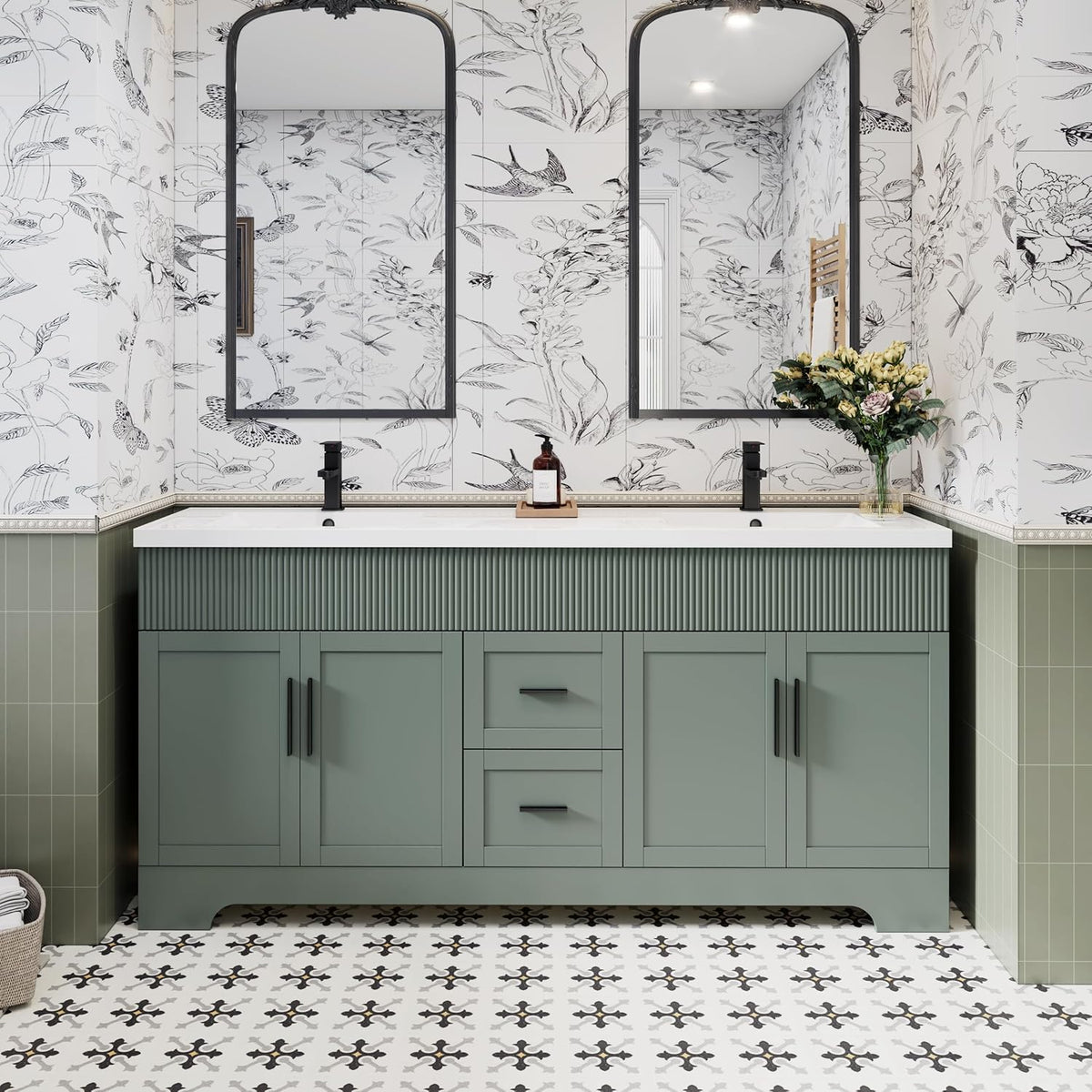 Wide double-sink sage green vanity with two mirrors, dual faucets and central drawers.