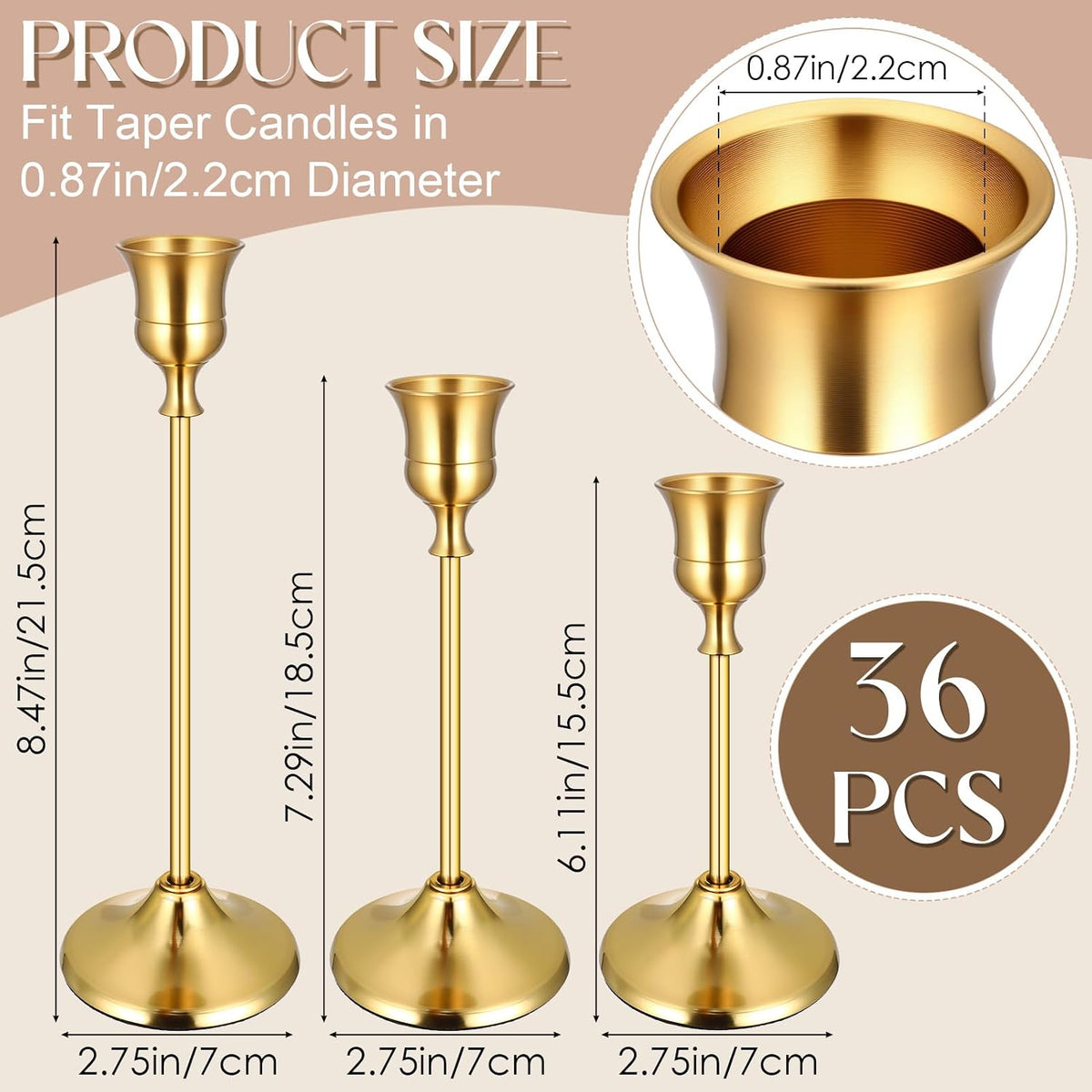 Dimension diagram showing three gold taper candle holders at varying heights and a close-up of the cup.