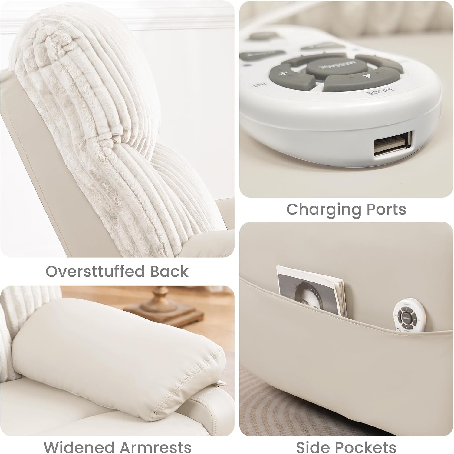 Collage close-ups of overstuffed corduroy back, remote USB port, widened armrest and side pocket on ivory recliner