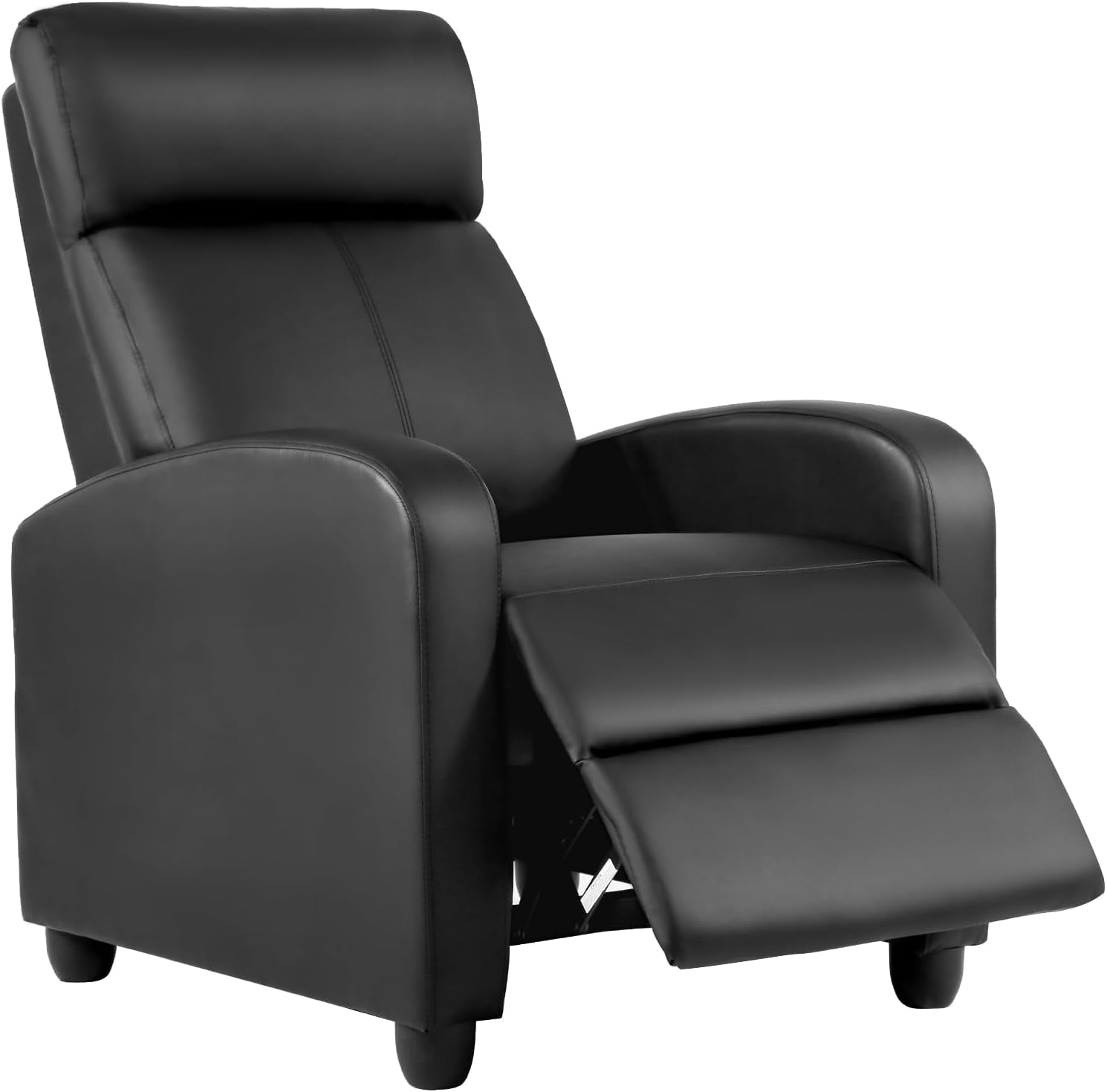 Black PU leather recliner with footrest extended, studio product shot on white background