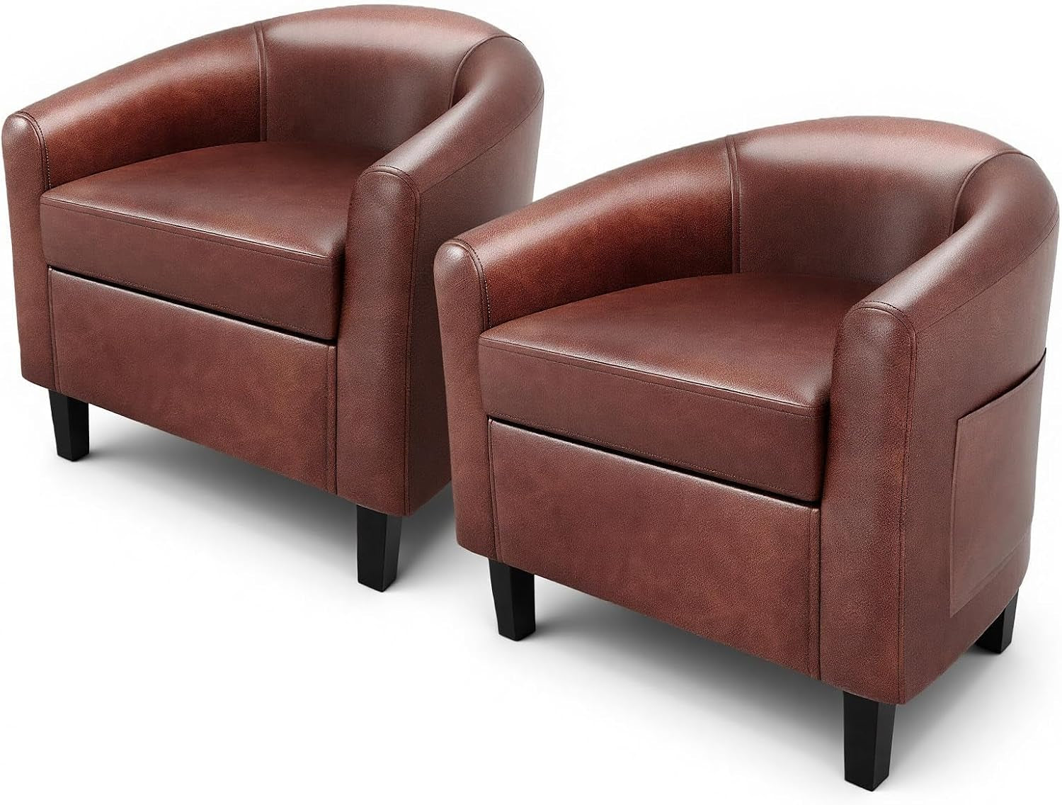 Pair of brown barrel armchairs with rounded arms and black tapered legs shown side by side on white background.