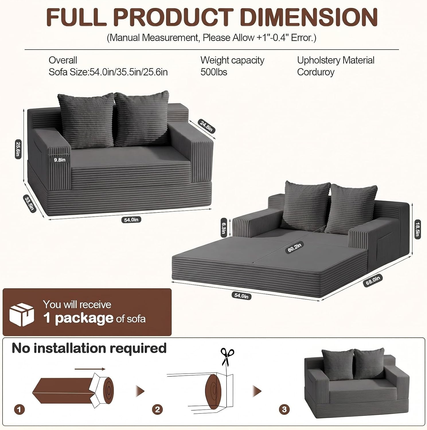 Diagram with measured dimensions showing assembled sofa 54.0in wide and unfolded sleeper footprint with 500 lb capacity
