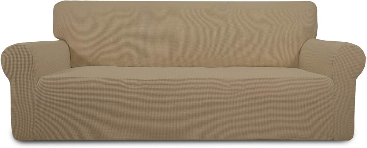 Front view of a two-cushion loveseat covered in a light beige textured stretch slipcover.