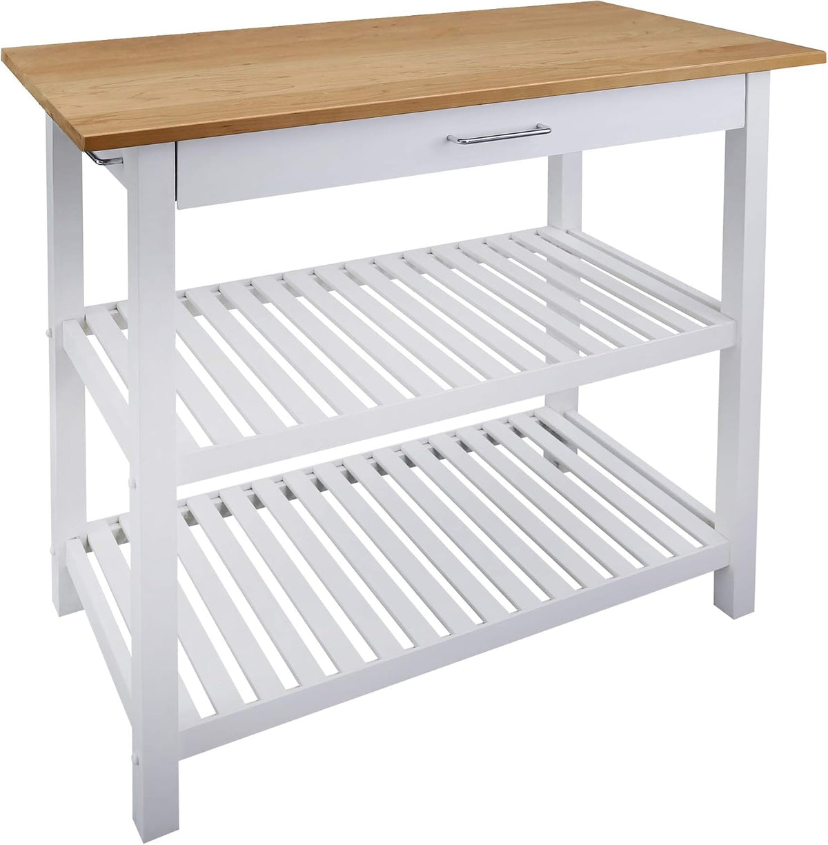 Kitchen island with natural wood top and white painted frame, two slatted shelves and chrome drawer handle.