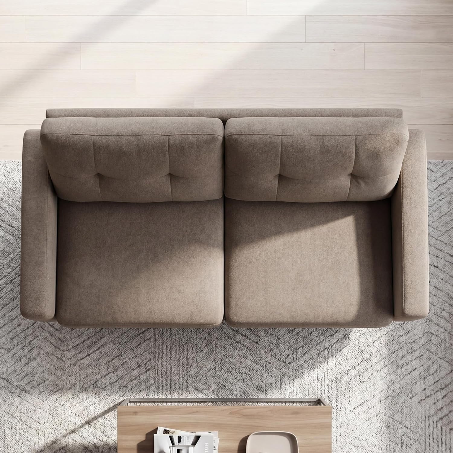 Top-down view of camel tufted loveseat showing two seat cushions and tufted back cushions