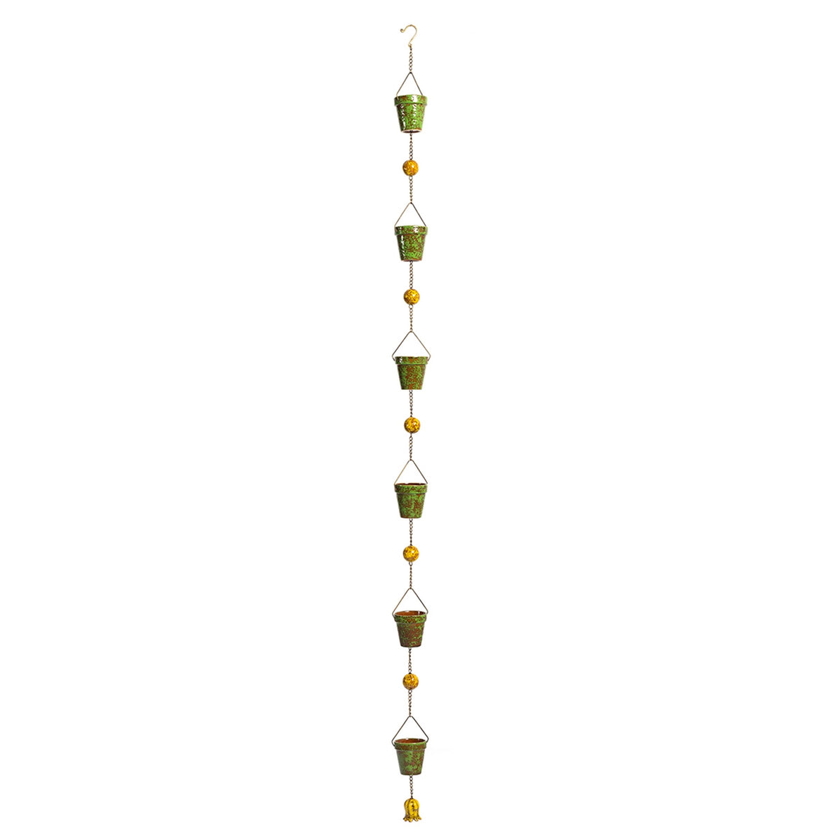 The complete rain chain hangs vertically against a white background, showing alternating green cups and gold beads.
