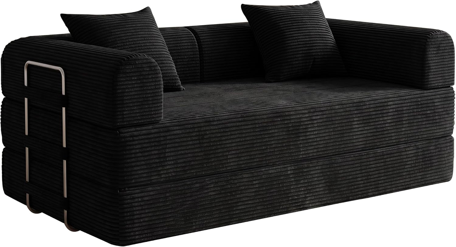 Black corduroy convertible sofa in sofa configuration shown on white background.