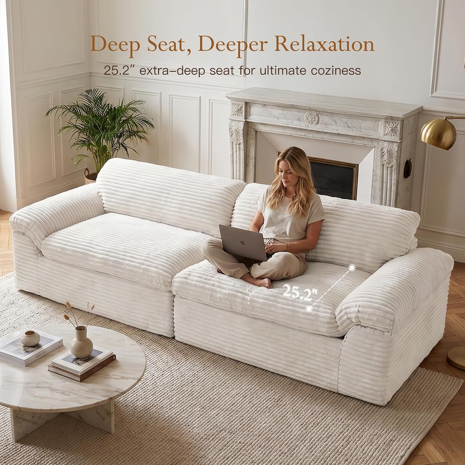 118" Cloud Boneless Couch, 3 Seater Corduroy Sofa, Beige | Modular Sectional Sofa, High-Density Foam, No Assembly Required, Curved Armrest, Apartment, Bedroom, Deep Seat, Pet-Friendly