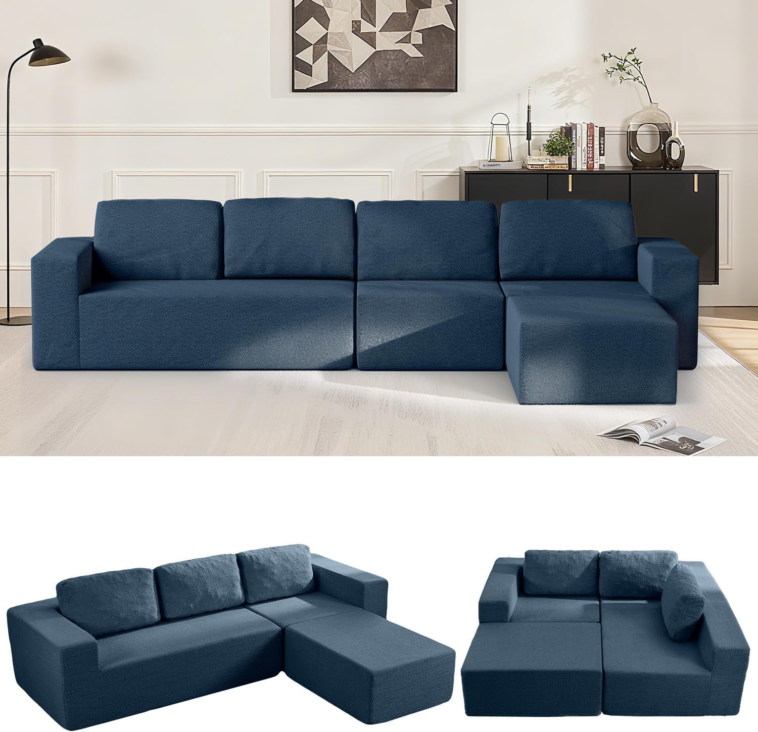 Furnify 136" Cloud Sectional Couch, Left/Right Facing Convertible Sofa with Deep Seat, L-Shape Modular Upholstered Foam Couch for Living Room Bedroom, No Assembly Required (Corduroy Fabric, Beige)