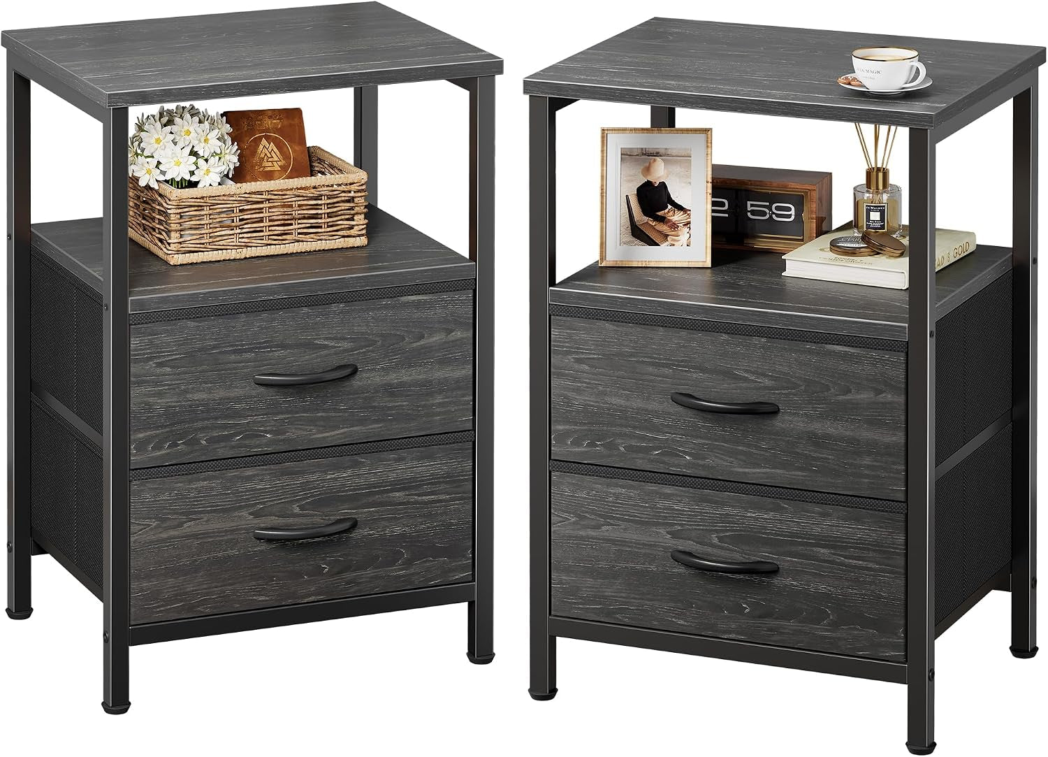 Two dark-gray wood nightstands with black metal frames, open shelf and two drawers, styled with cup and framed photo.
