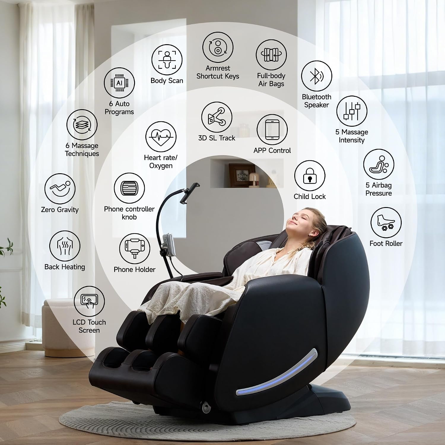 Black massage chair in a living room with a person reclining and a ring of feature icons highlighting functions