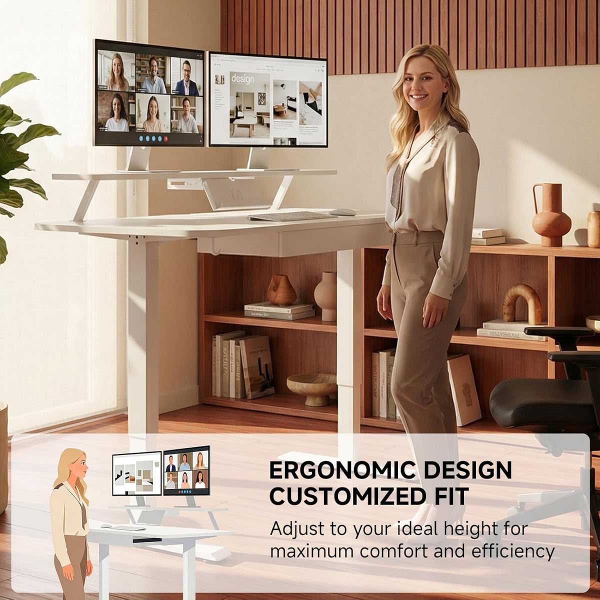 Person standing at a white adjustable desk with an elevated monitor shelf and dual monitors in a home office setting