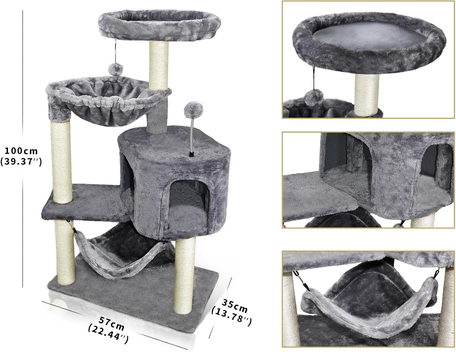 Full-height grey cat tree with dimension graphics showing 39.4 in height and base footprint measurements