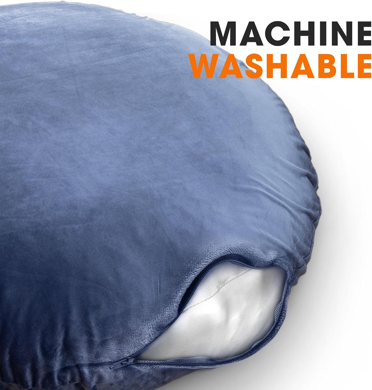 Close-up of a blue round pillow cover partially unzipped to show the white inner stuffing.