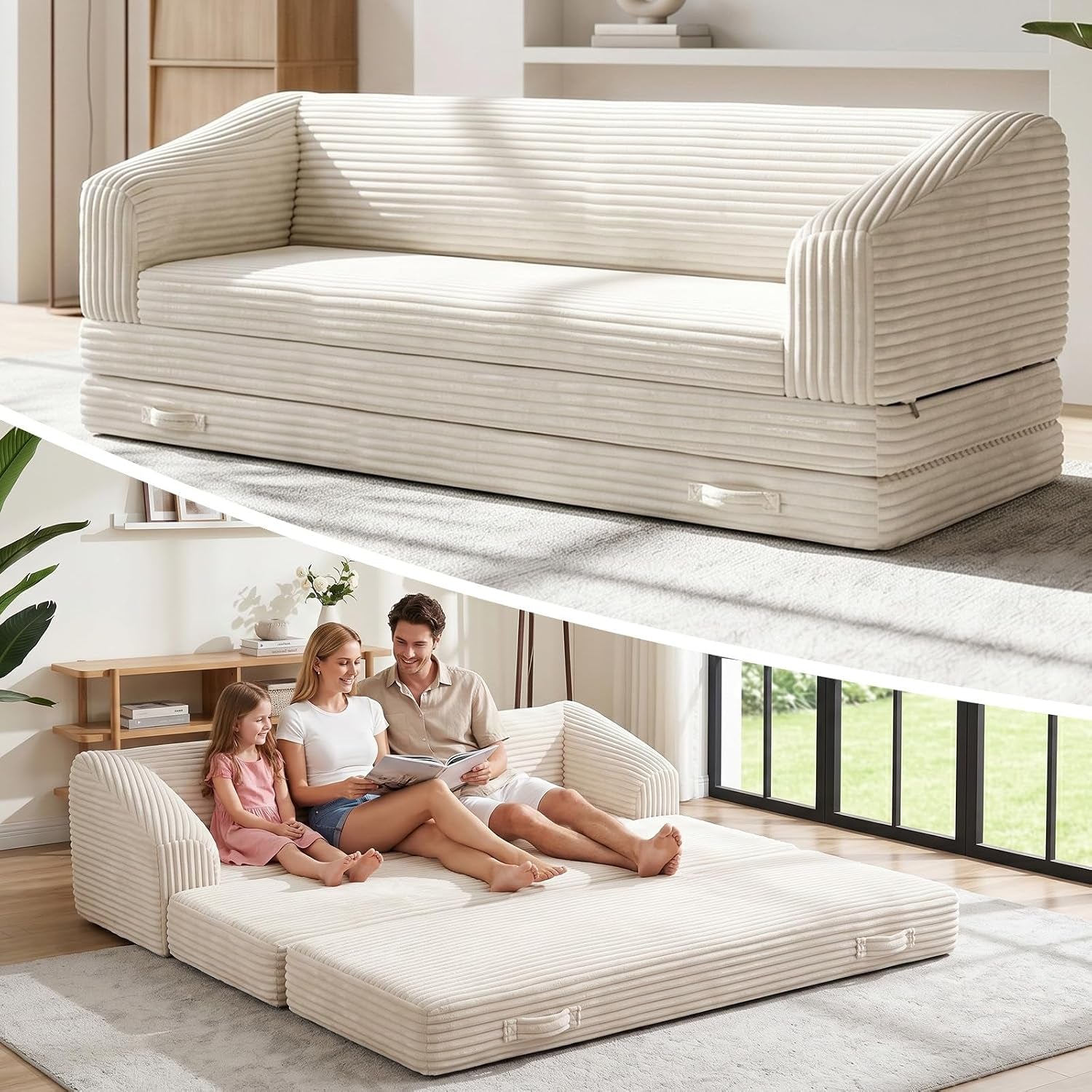 Beige corduroy folding sofa on rug, plus the same piece unfolded as a low bed with a family seated on it.