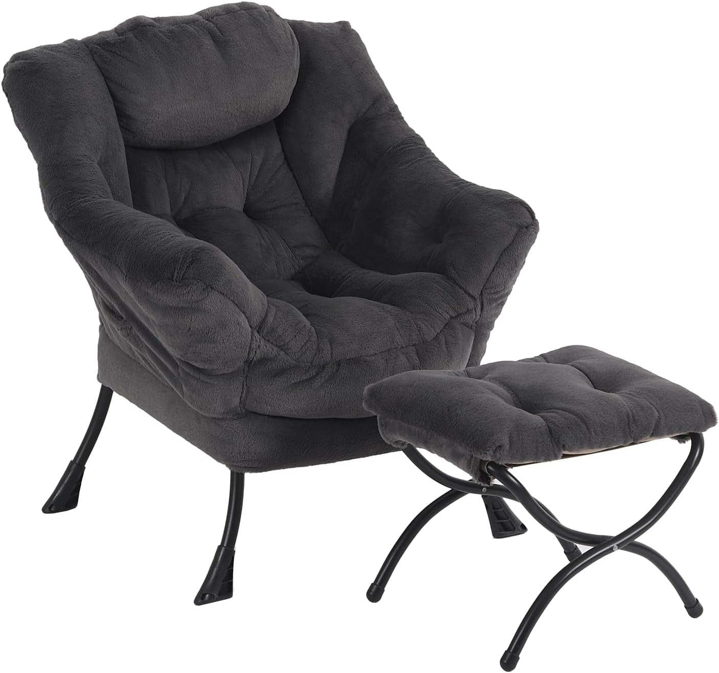 Dark gray padded lounge chair with matching cushioned ottoman on black metal legs
