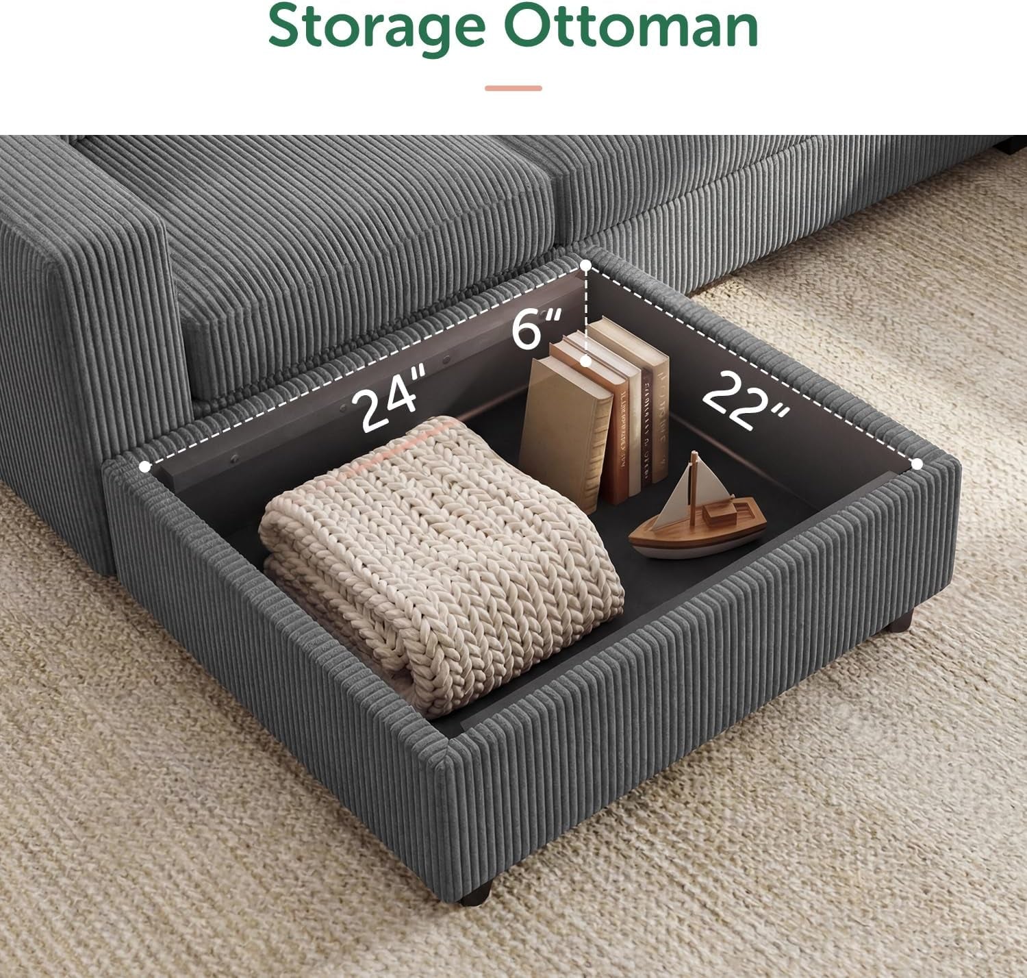 Sectional Sofa, 6 Seater L-Shaped Sectional Couch with Storage Ottoman for Living Room, Dark Grey