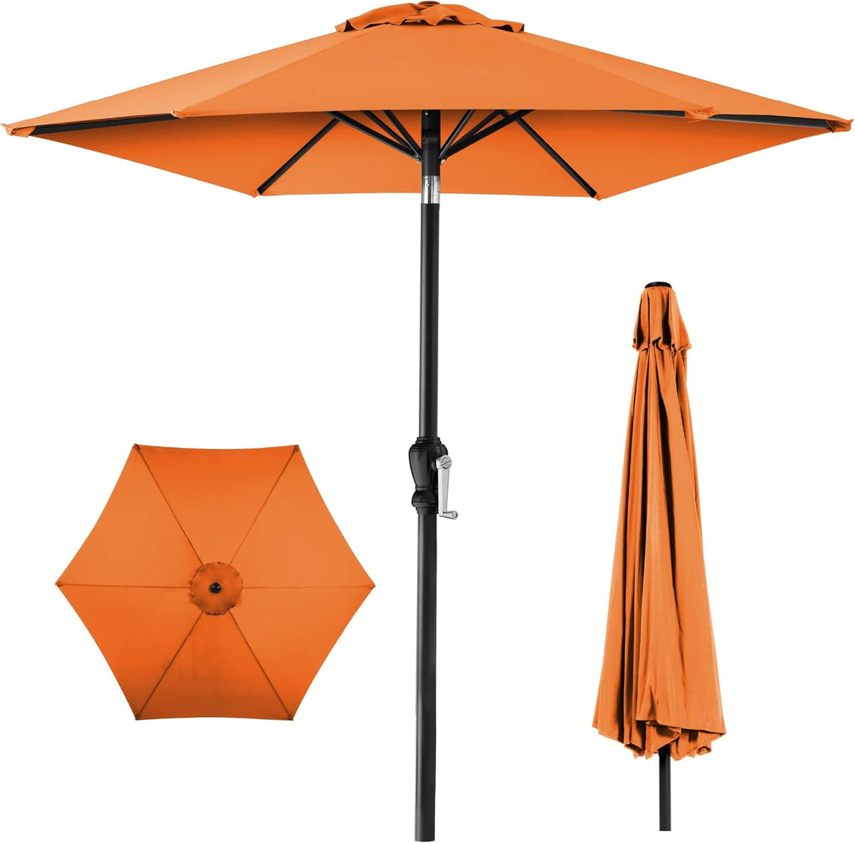 Front view of an orange 10 ft market umbrella open, showing the canopy, center pole with crank and a folded umbrella.