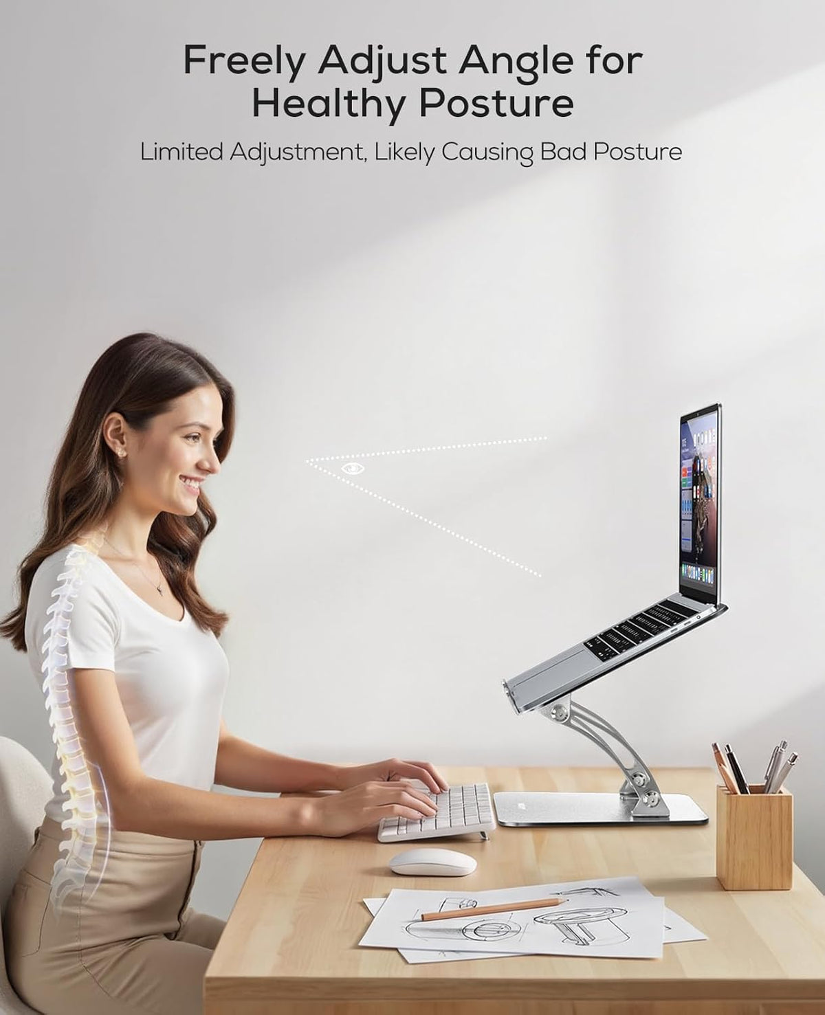 Side view of a woman using a raised laptop on a desk with a spine graphic illustrating posture
