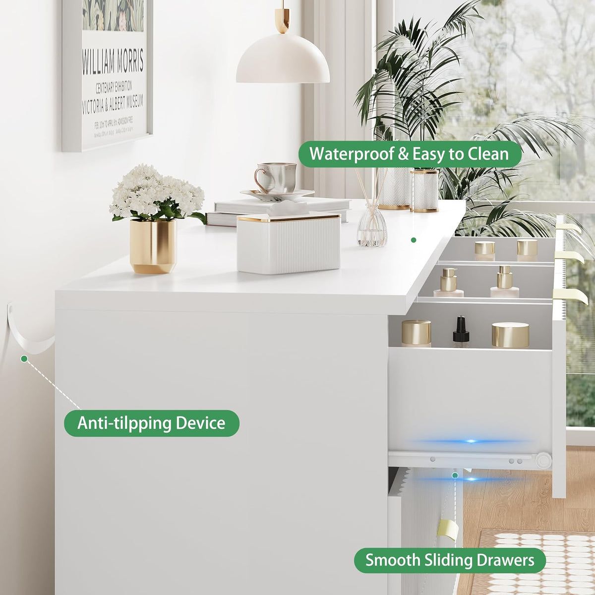 Partially open drawers showing smooth sliding operation and compartmented storage in white finish