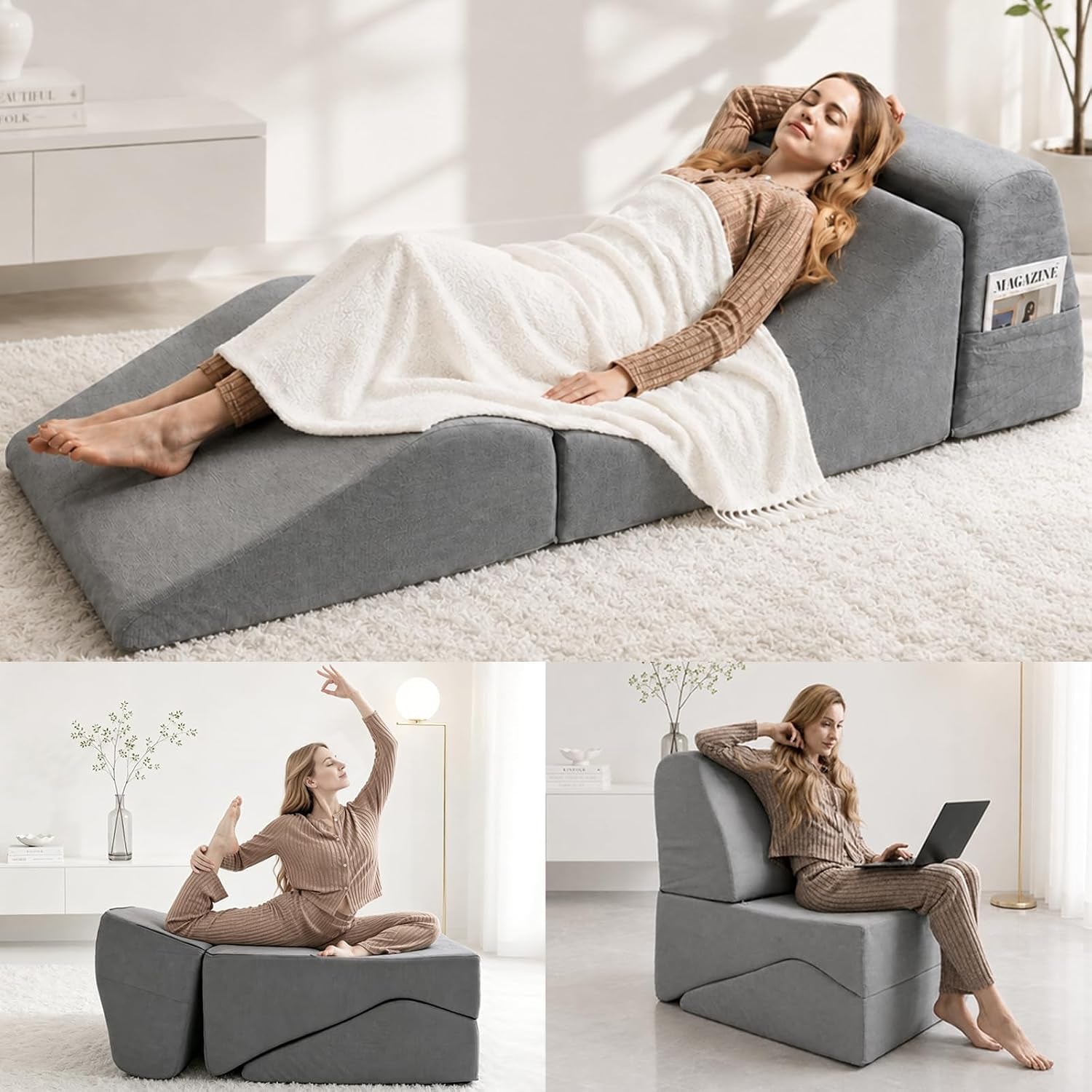 Grey corduroy chaise lounge in reclined full-length position with a person lying under a blanket