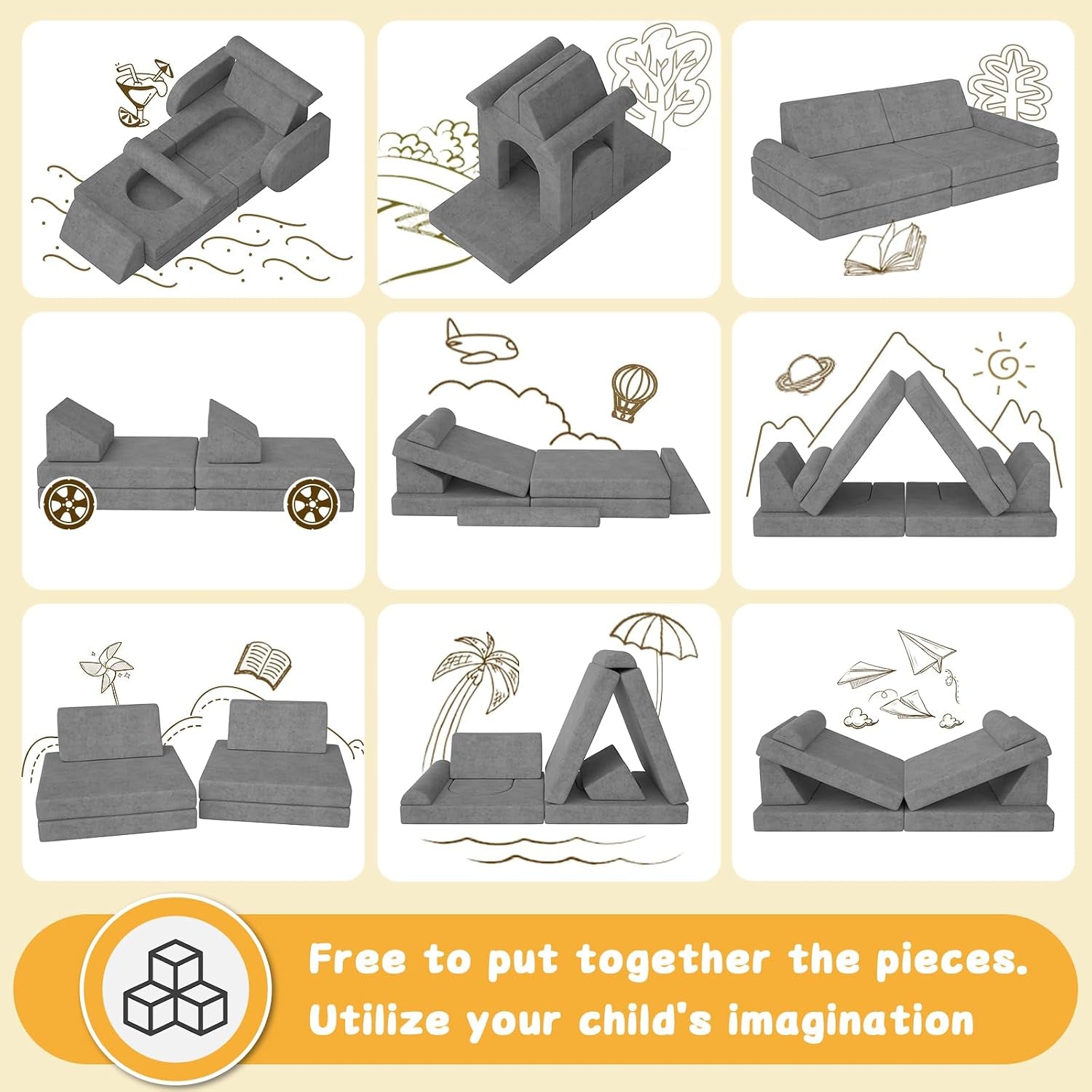 Nine illustrated examples showing different ways to arrange the individual foam pieces into forts, loungers, cars and a sofa.