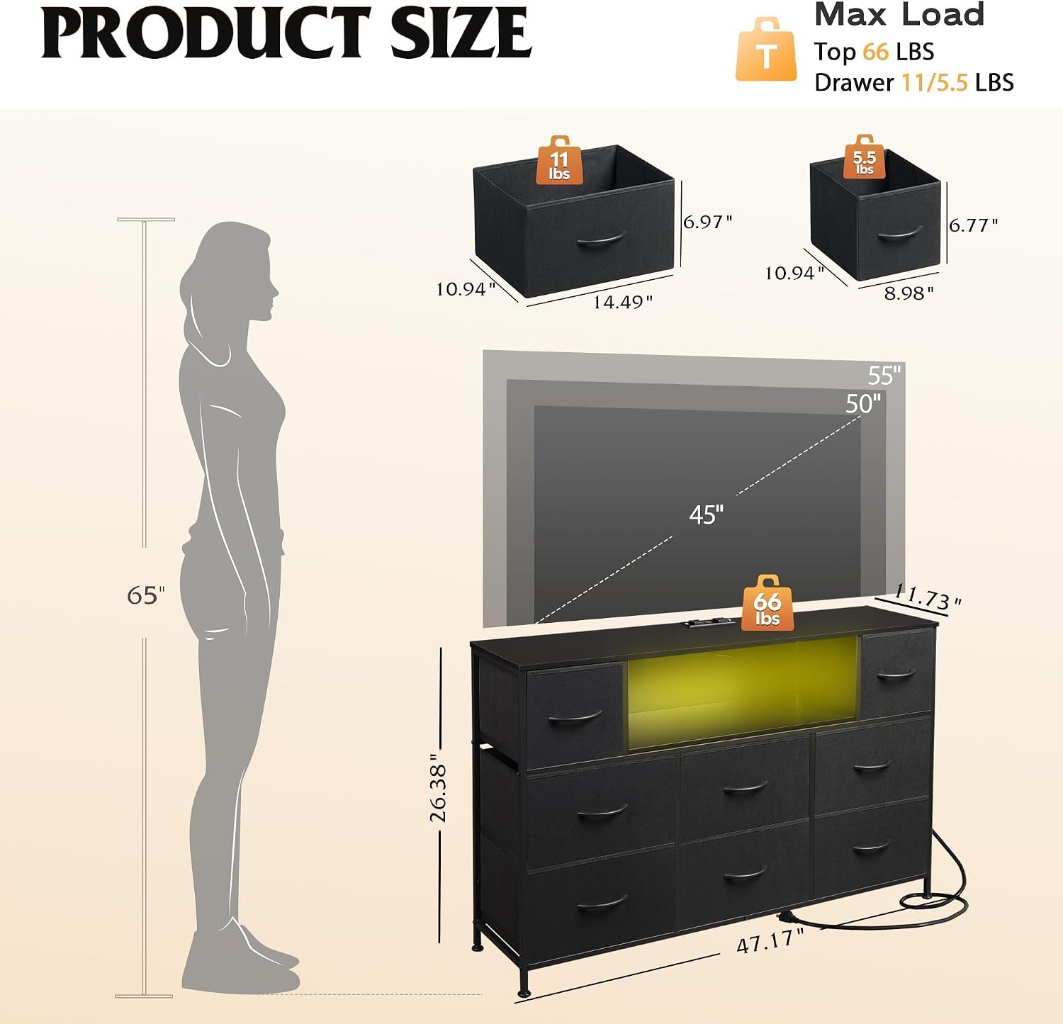 Illustrated size diagram of a wide eight-drawer dresser with silhouette and measured callouts.
