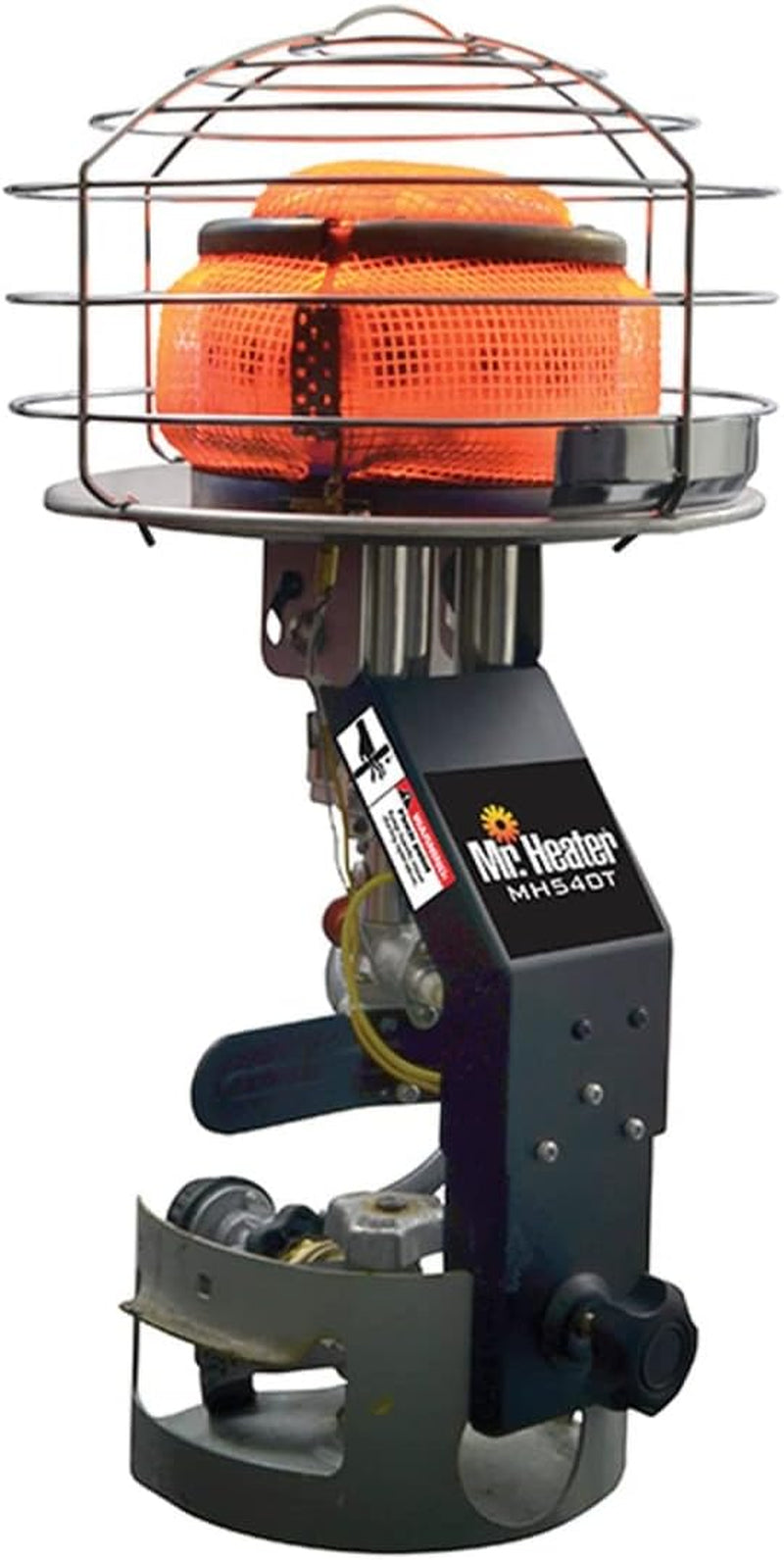 Front view of a compact tank-top propane radiant heater with glowing orange element and protective metal cage.