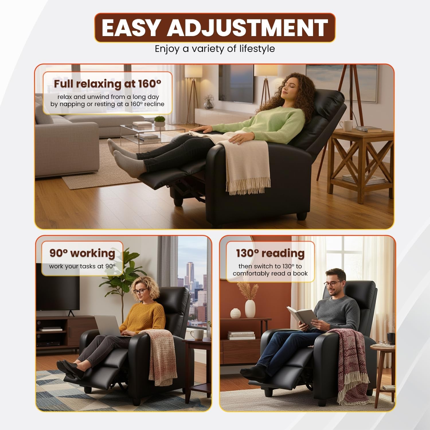 Collage showing recliner at 90°, 130° and 160° positions in living room scenes
