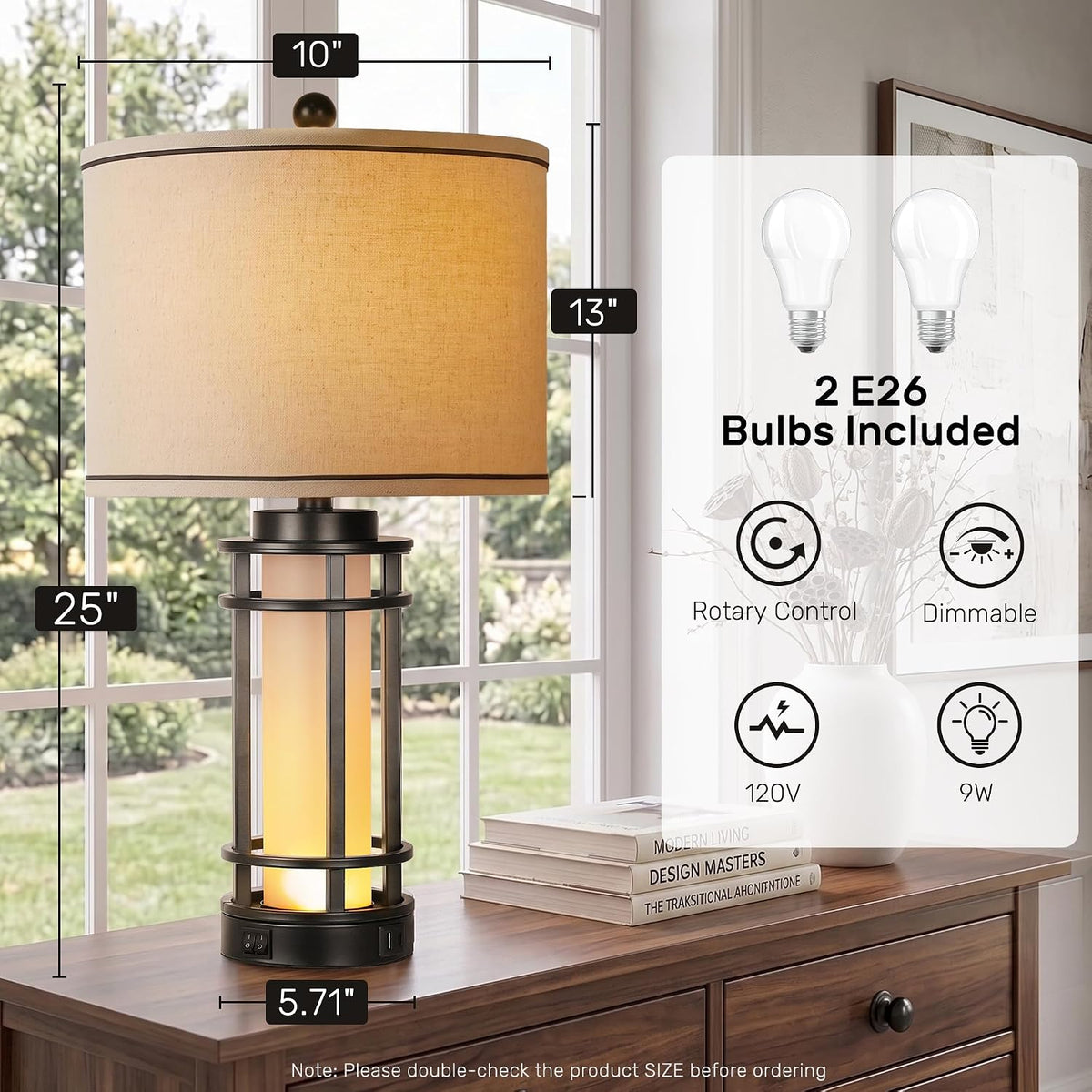 Single lamp shown with measurement overlays indicating 25-inch overall height and a 13-inch shade with two E26 bulbs.