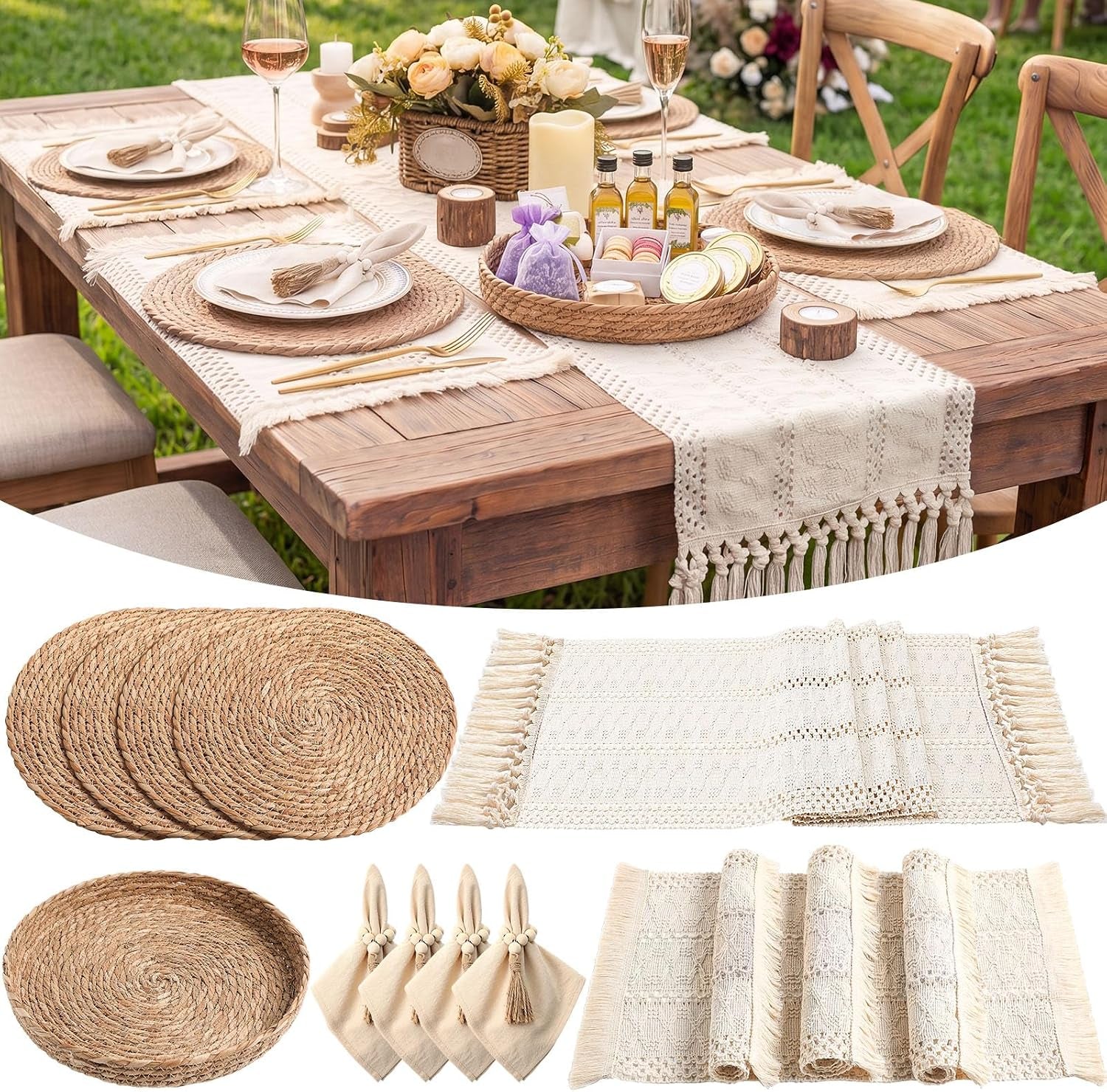 Wood table set outdoors with all-cream crocheted runner, woven placemats, napkins and centerpiece