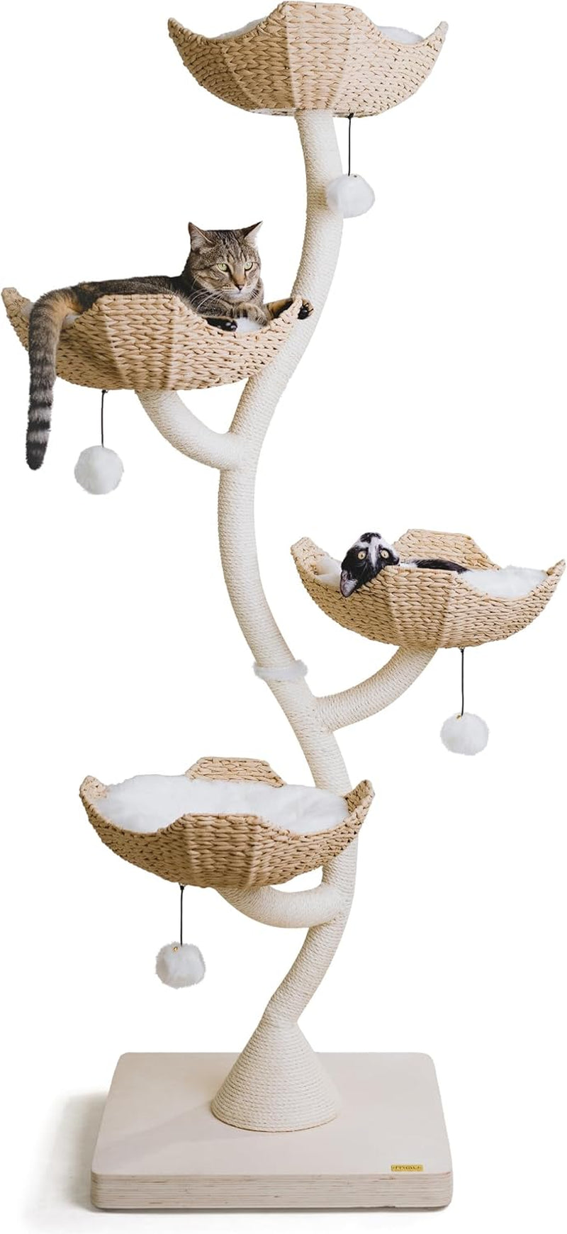 Natural woven-basket cat tree with three elevated bowl beds and two cats, front-on isolated view