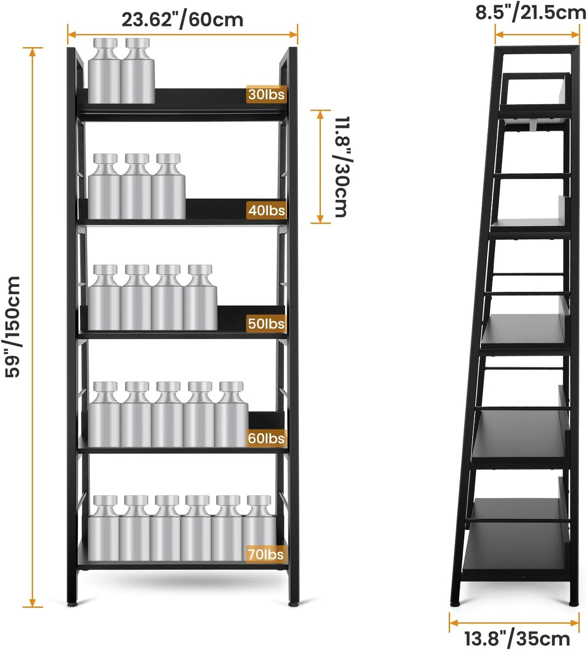 Front and side diagram-style view of the five-tier ladder bookshelf highlighting the slanted frame