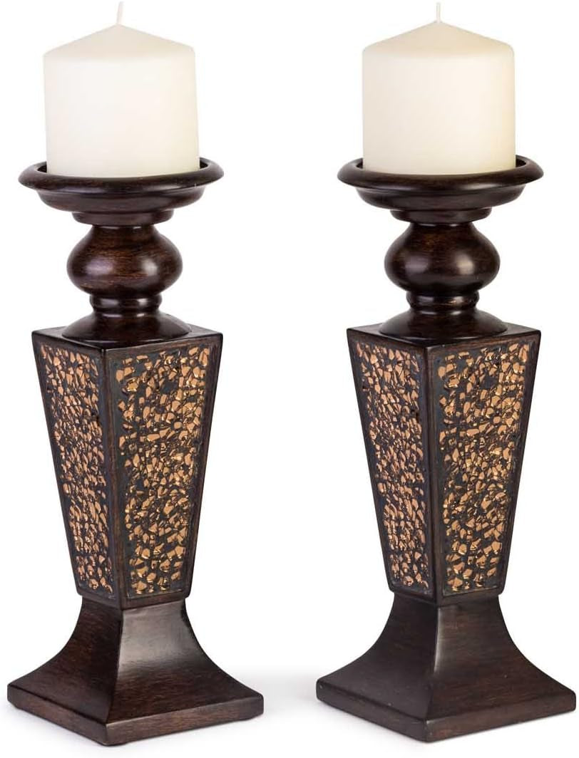 Full-length view of pair highlighting the turned wood stem and flared square bases with crackled panels, candles in place