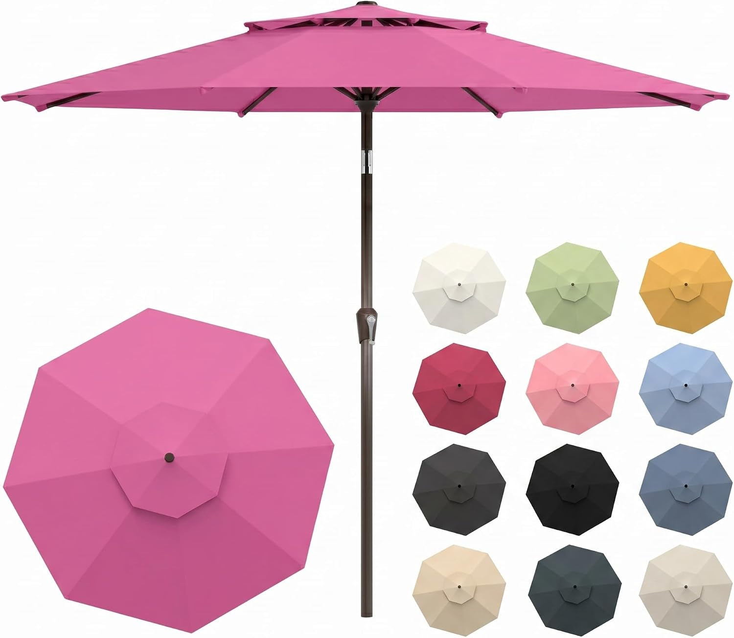 Bright pink outdoor table umbrella upright with a matching top-down view and multiple color options displayed to the right.