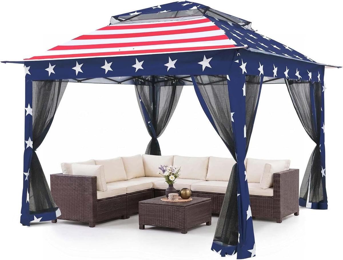 Blue gazebo printed with white stars and red-striped top over outdoor sofa and coffee table