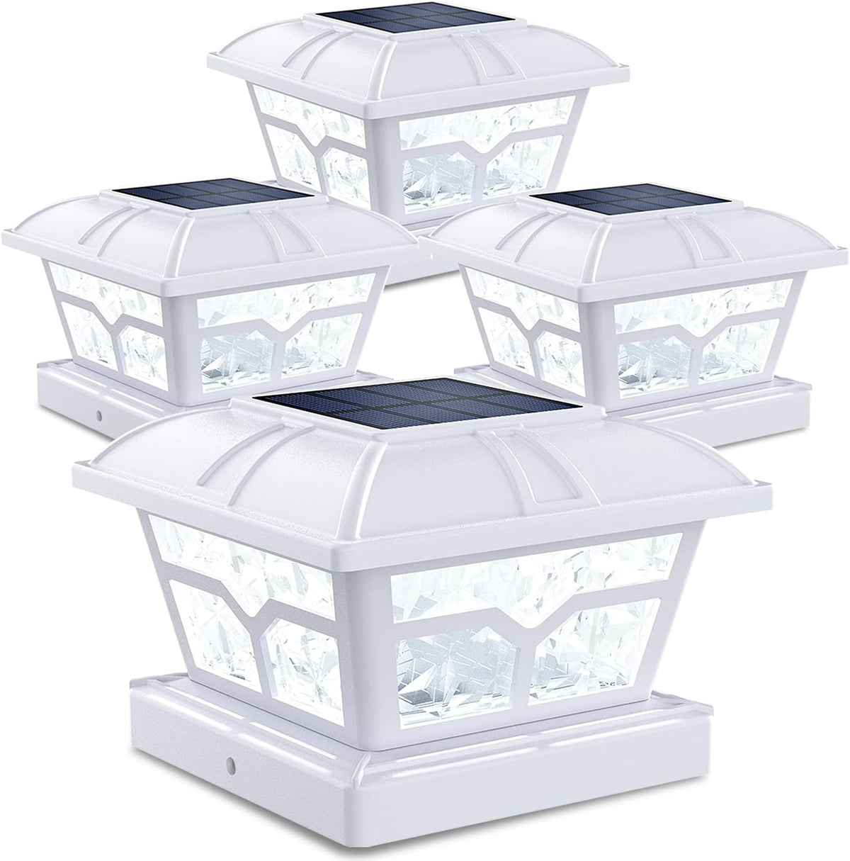 Four white post cap lights with faceted clear panels and dark solar panels, arranged against a white background.