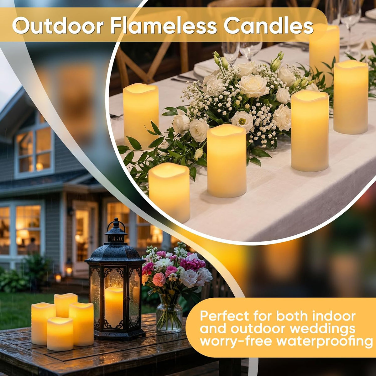 Several lit ivory pillar candles arranged as a wedding table centerpiece with white roses, greenery, and a lantern inset