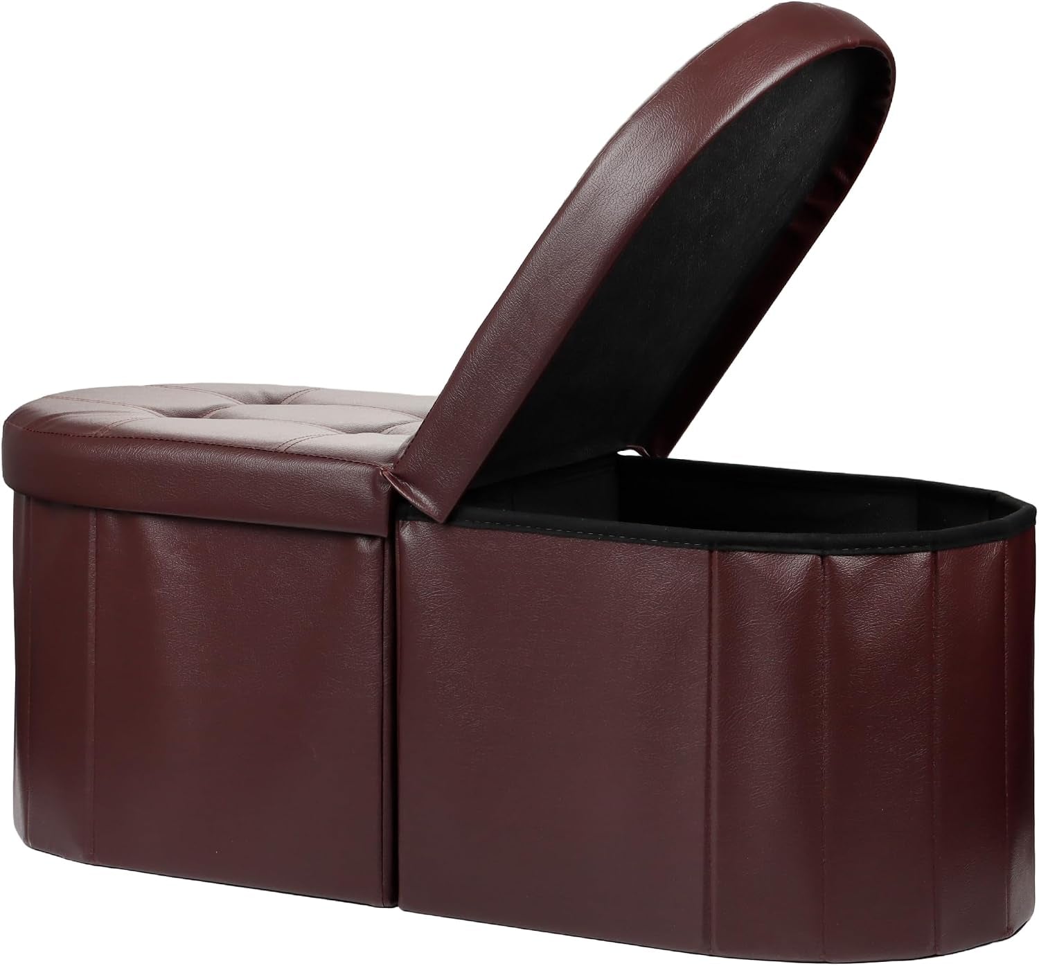 Dark brown faux leather folding storage bench with rounded edges, lid open to show interior.