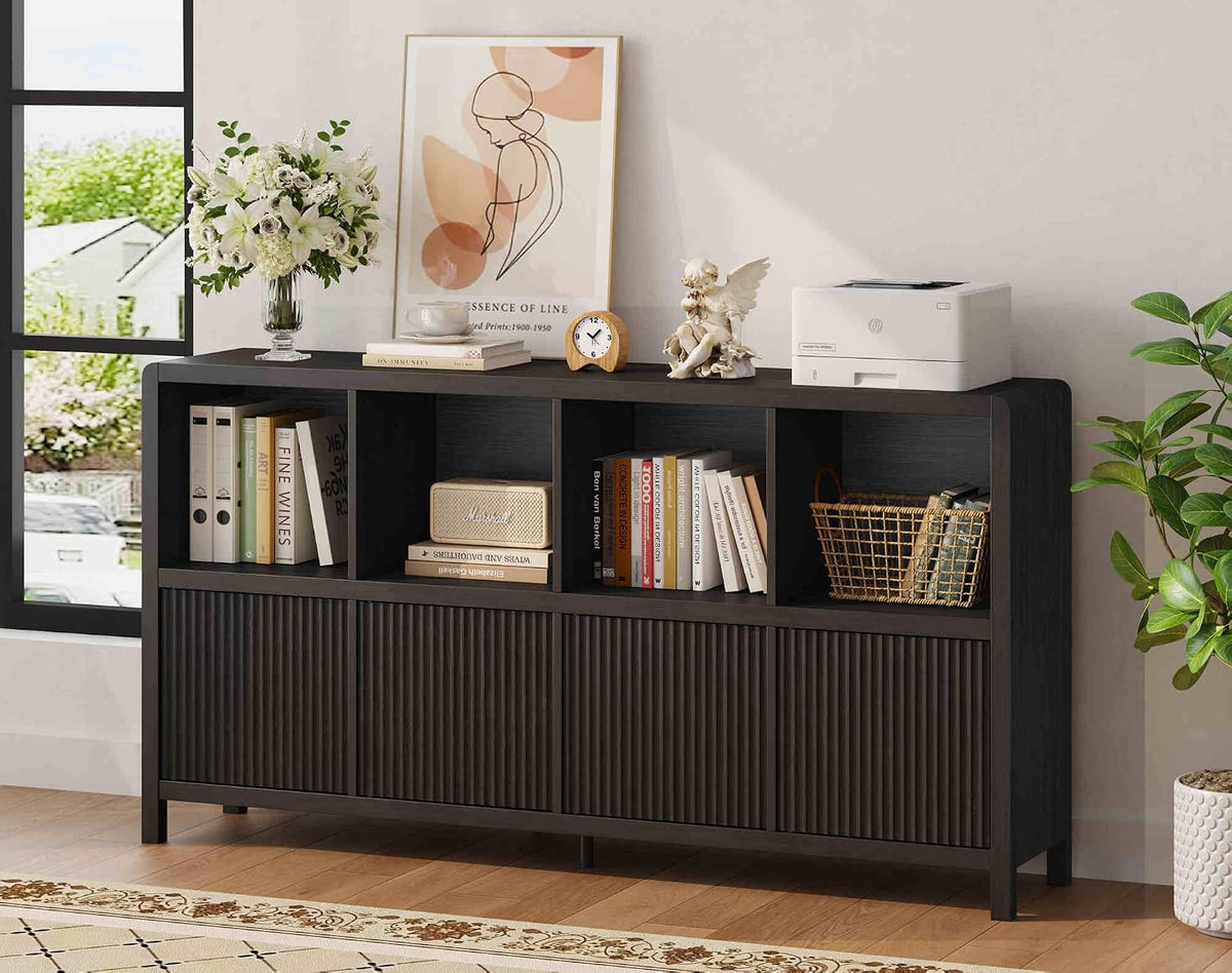 Dark espresso/black bookcase with four ribbed doors and open shelves holding books, basket and printer on top