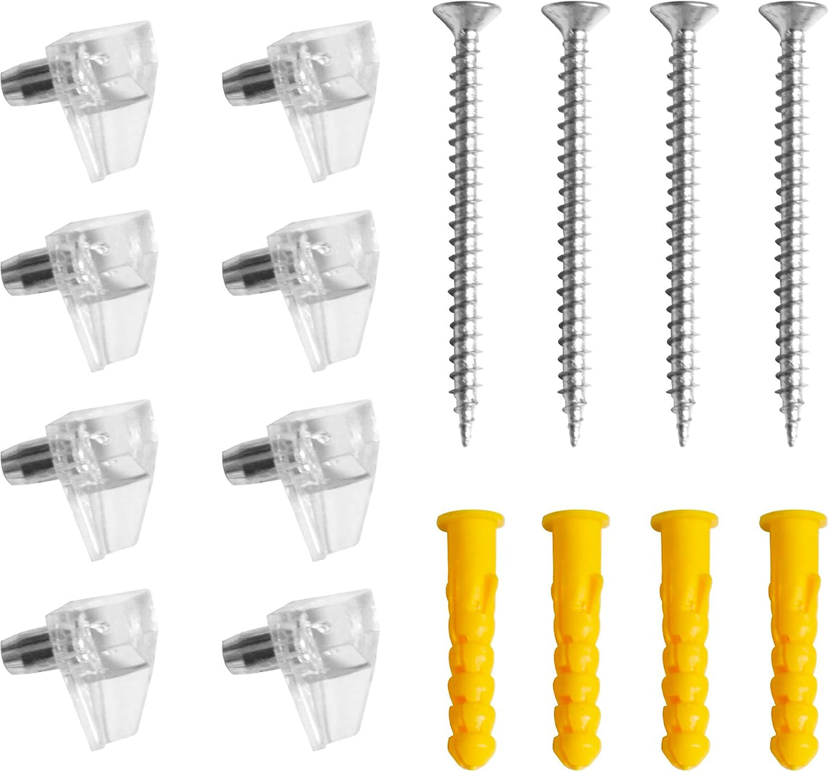 Assortment of mounting hardware: clear plastic shelf pins, long metal screws, and yellow plastic anchors