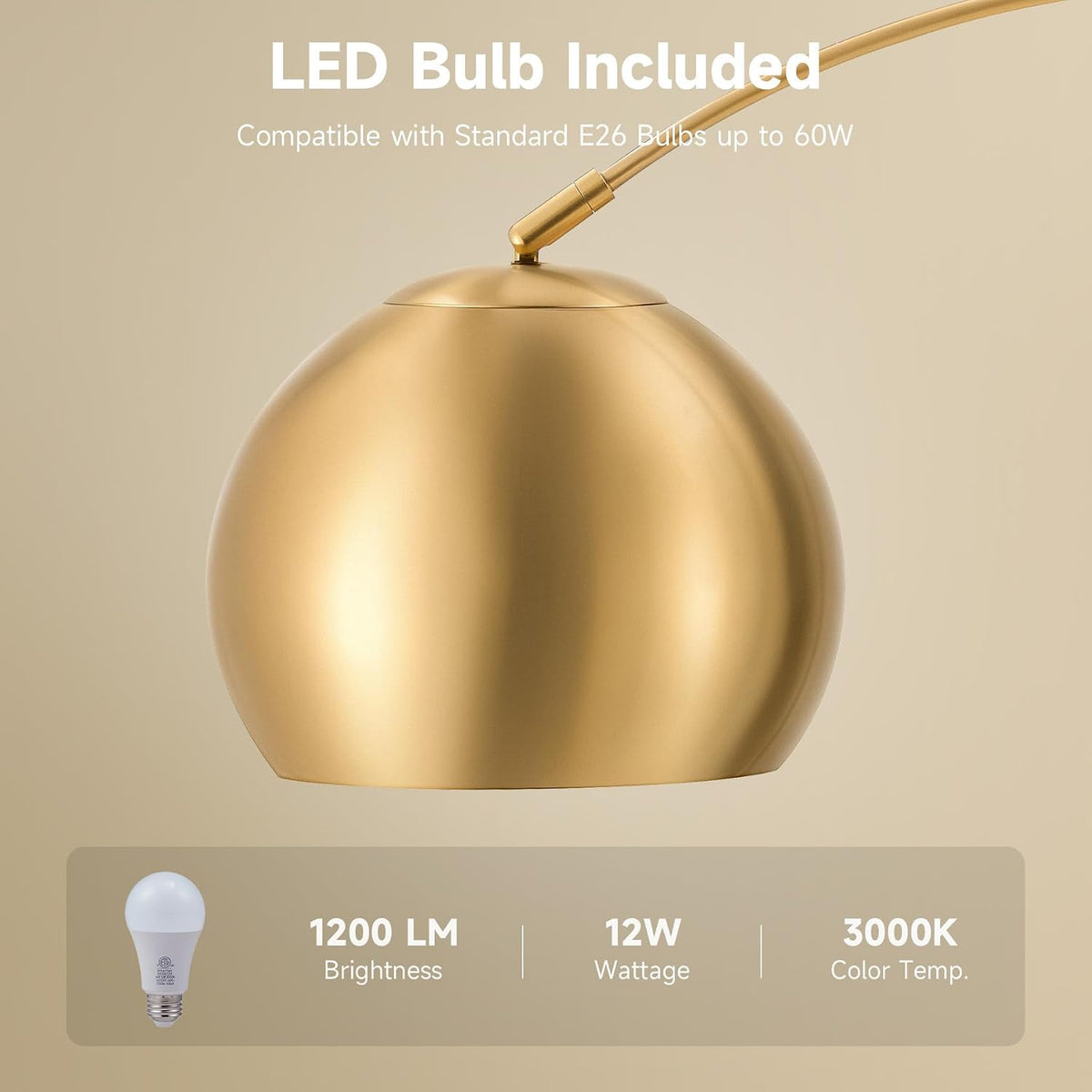 Close-up of gold metal dome lampshade angled to show smooth finish and swivel connection
