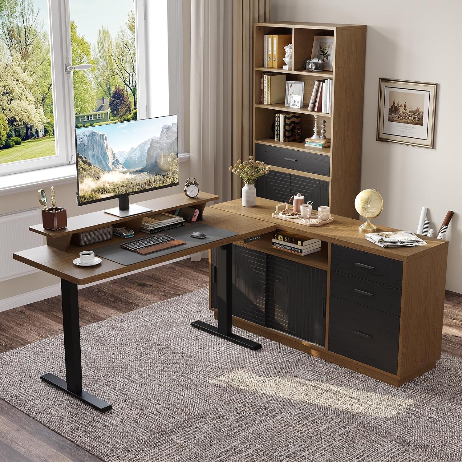 Oak brown three-piece standing desk set with raised monitor stand, bookcase and file cabinet, angled front view in a home办公室