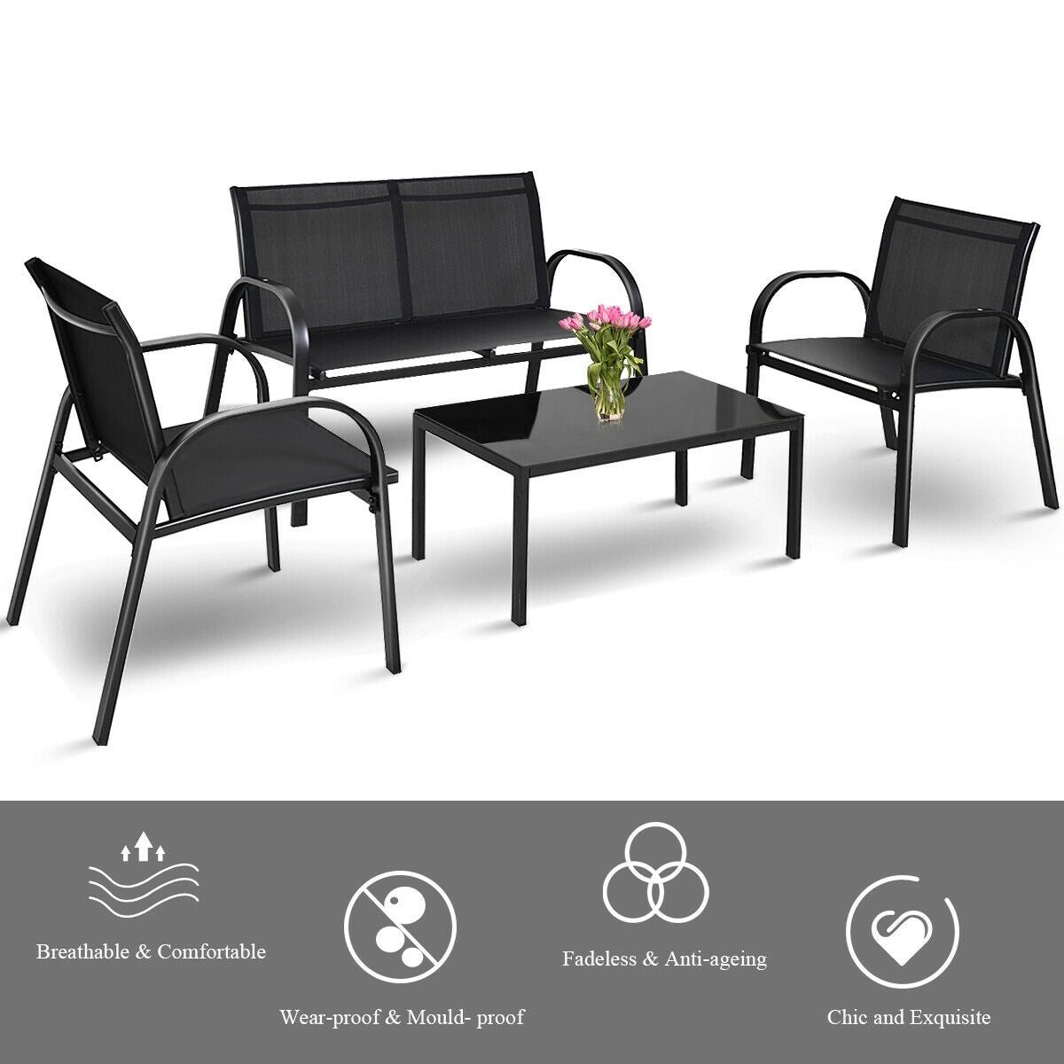 4 Pieces Patio Furniture Set with Glass Top Coffee Table, Black