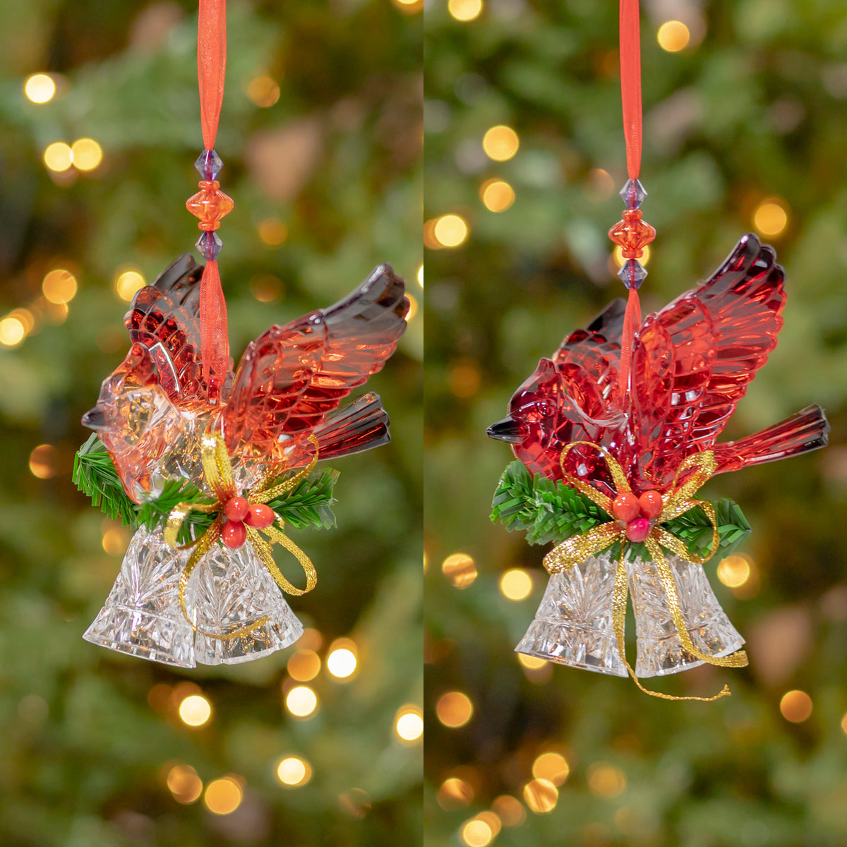 Set of 6 Assorted 6.4" Long Acrylic Cardinal Ornament with Bell & Organza Ribbon
