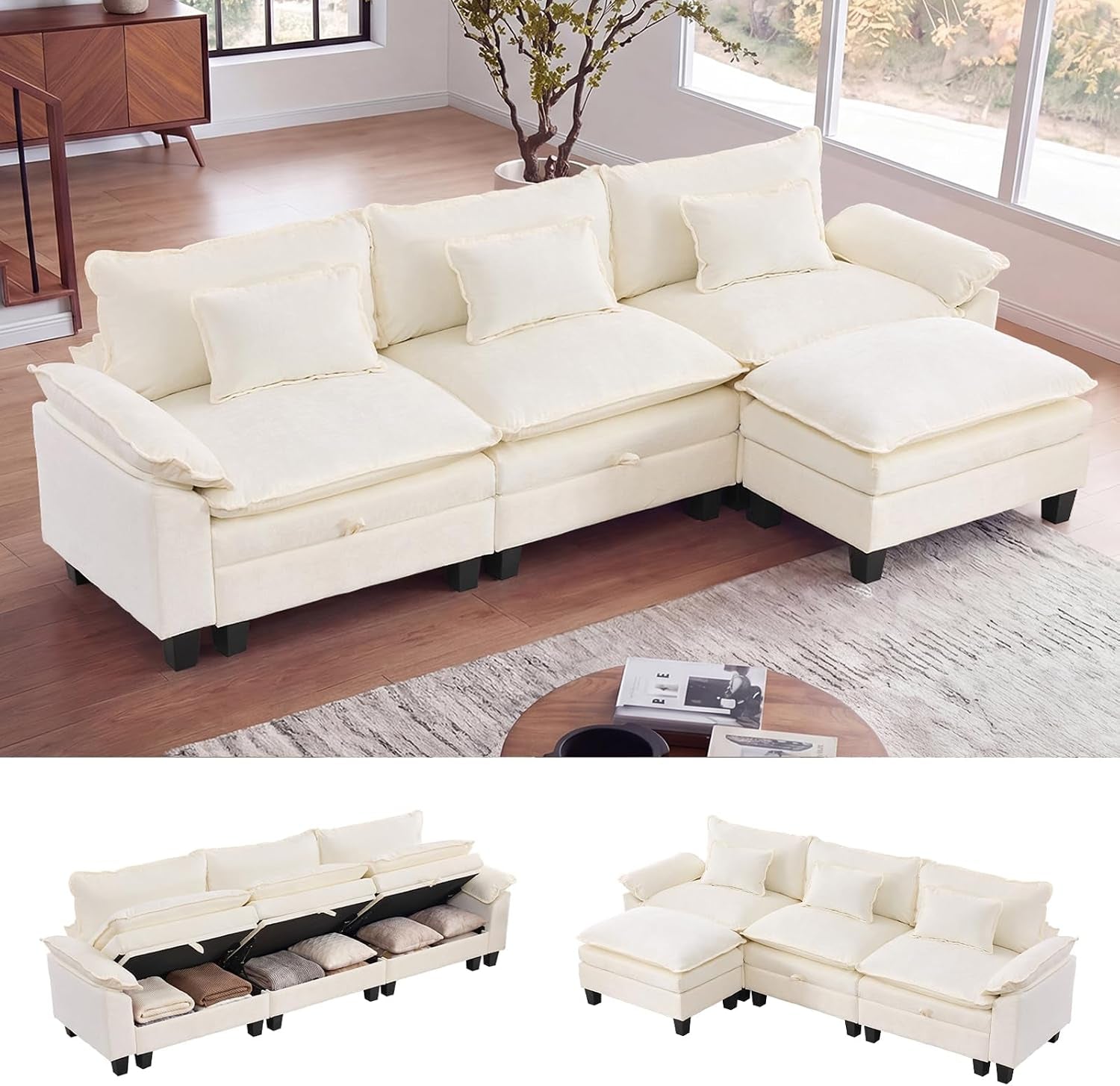 Ivory modular sectional with chaise and ottoman shown in a sunlit room, three back cushions and small throw pillows
