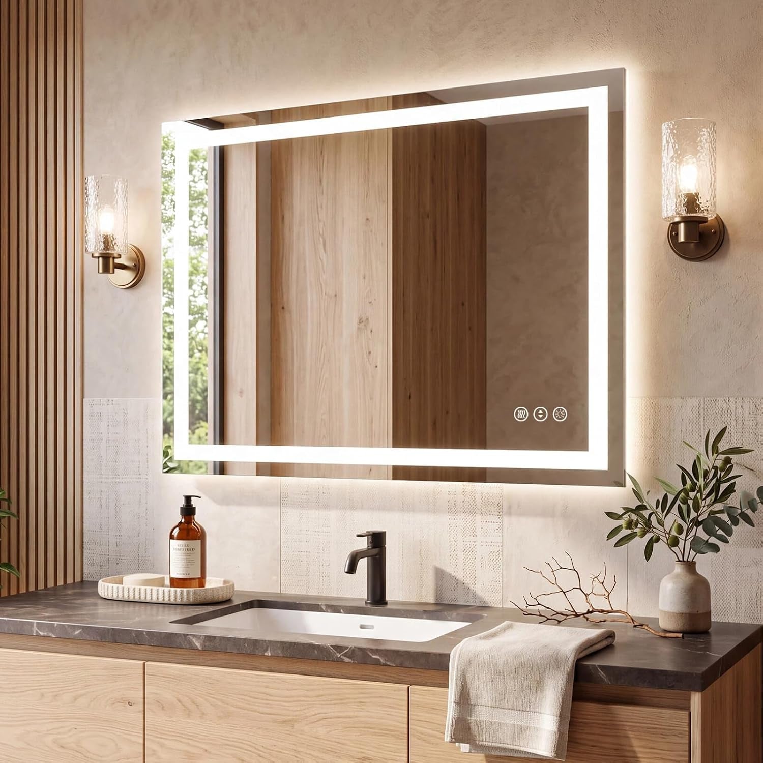 Wall-mounted mirror with dual LED frame reflecting wood paneling, flanked by two wall sconces.
