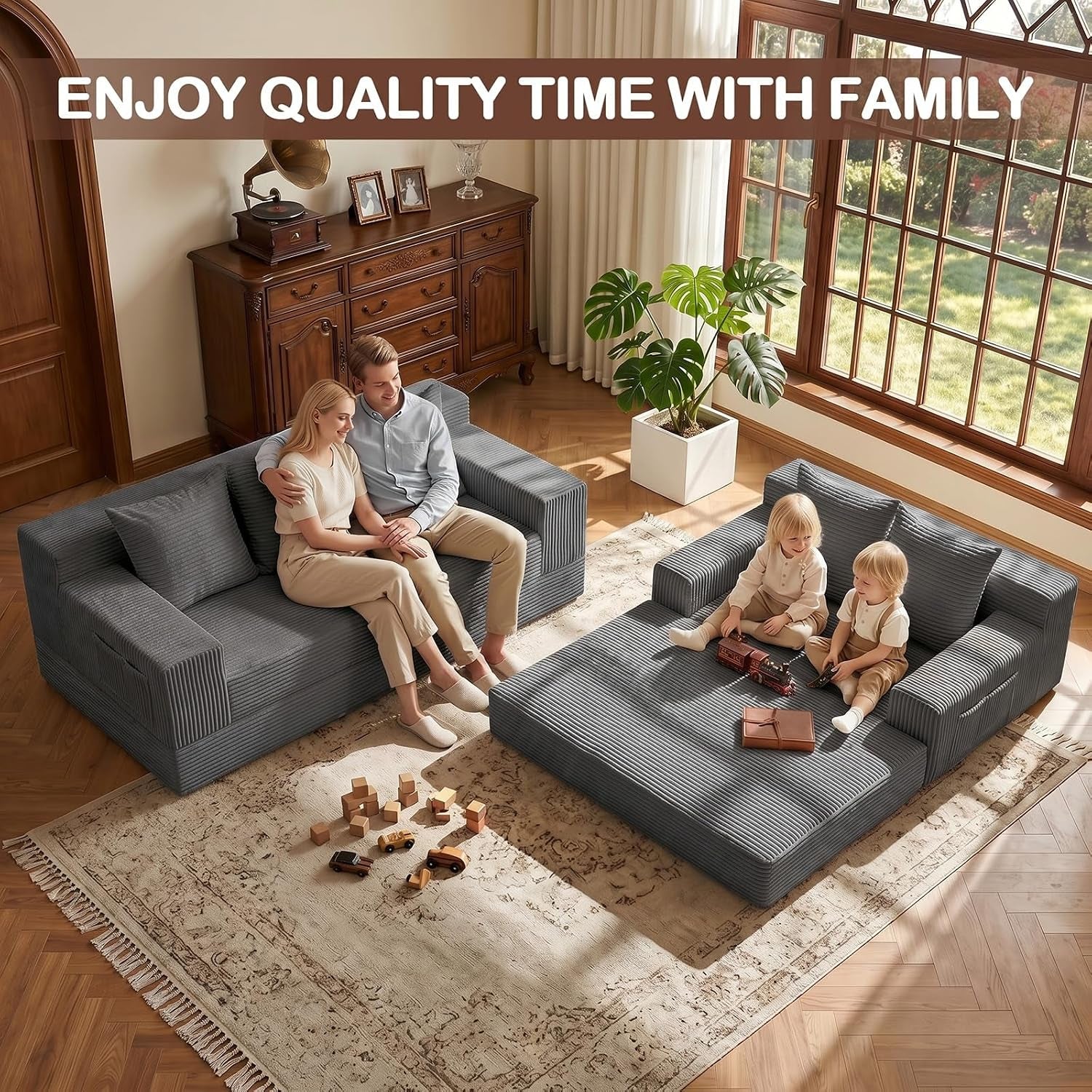 Living room scene with two corduroy loveseats in gray and children playing on unfolded low sofa bed