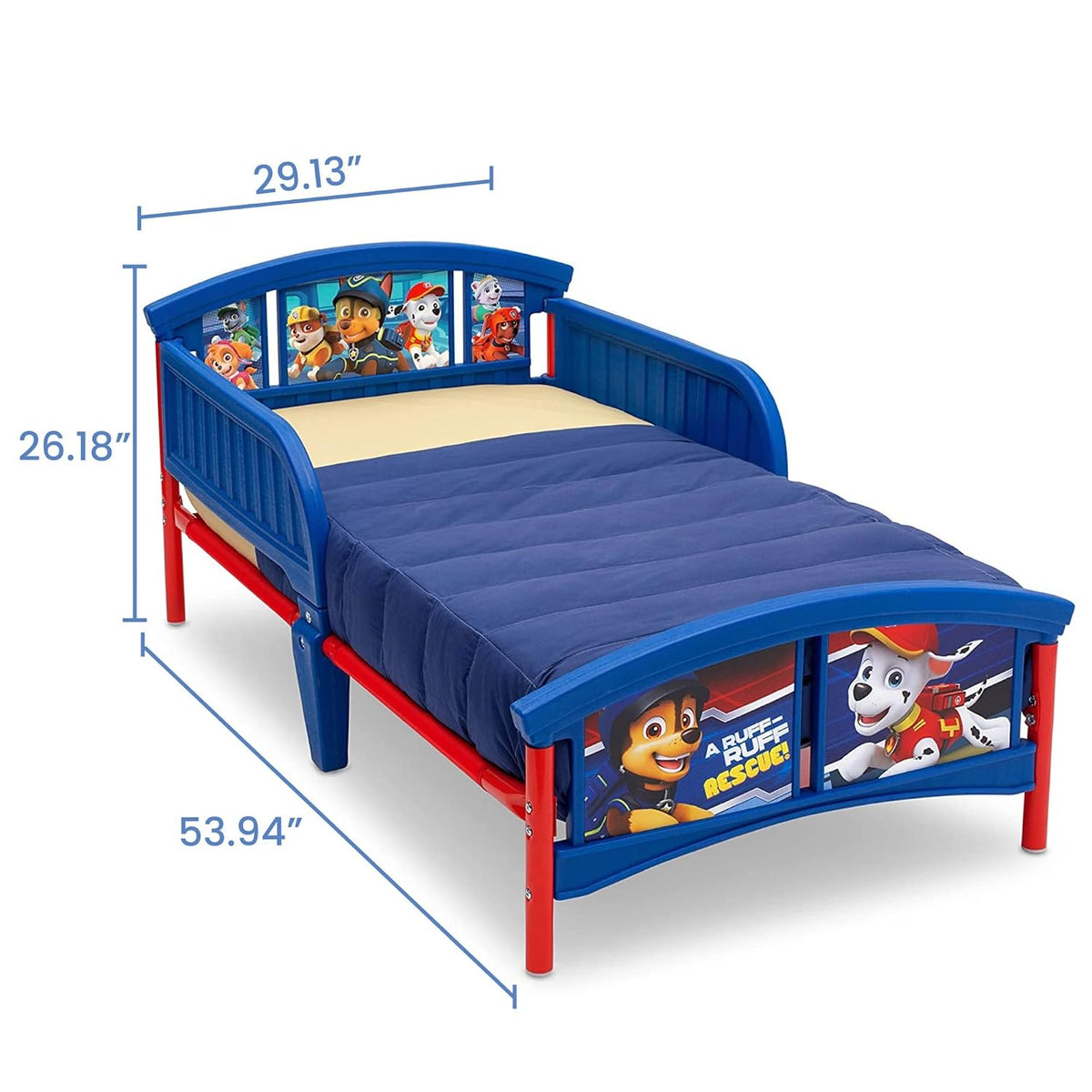Angled bed on white background with blue headboard and dimension lines indicating size.
